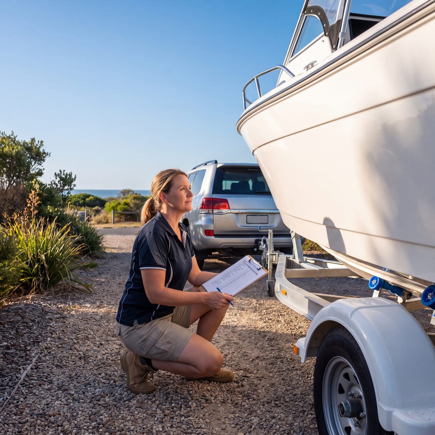 Woman crouching with a checklist beside a boat trailer in a driveway