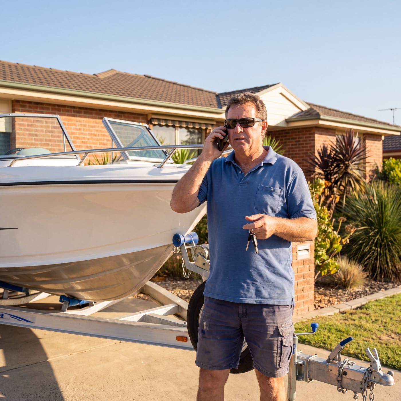 Man on the phone holding keys beside a boat on a trailer in a driveway