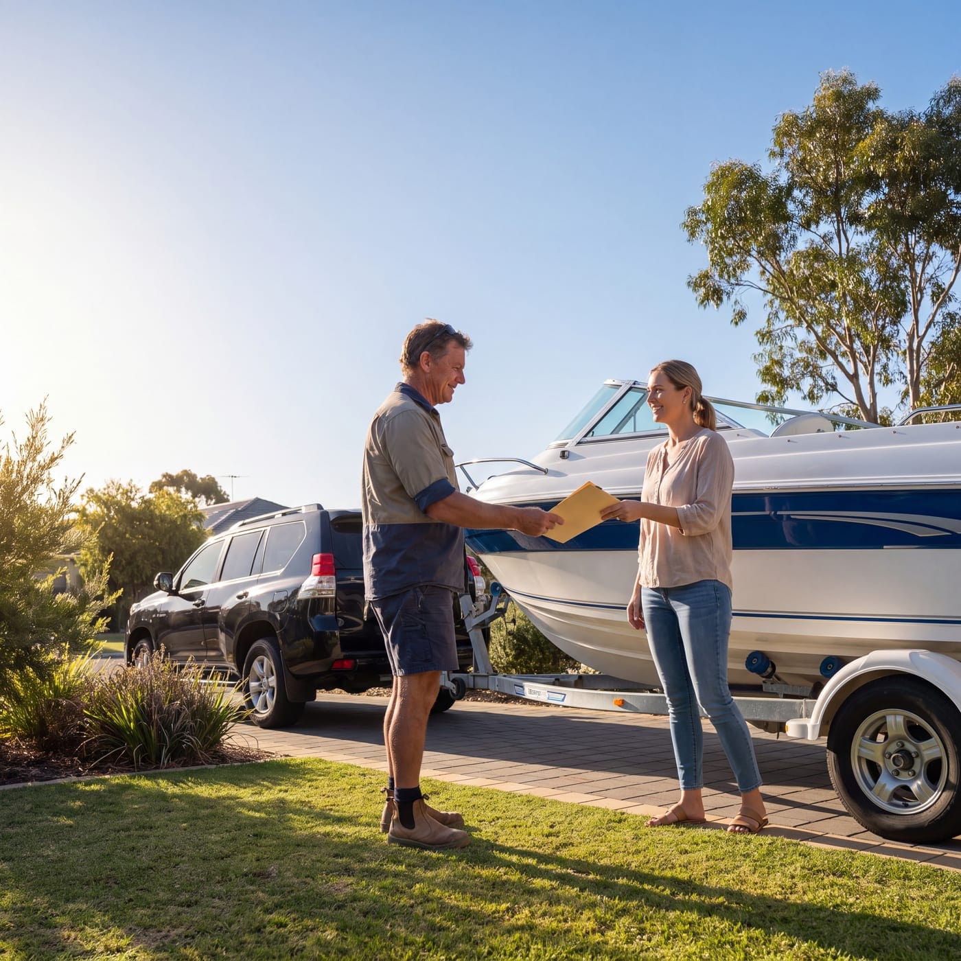 Two people exchanging paperwork in front of a boat on a trailer in a suburban front yard