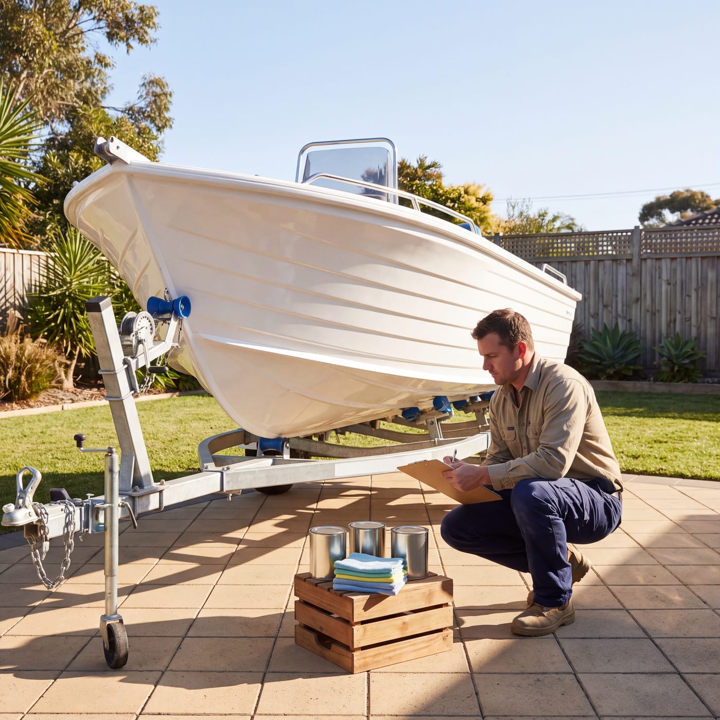 Man with a clipboard crouched beside an aluminium boat on a trailer with tins of paint nearby