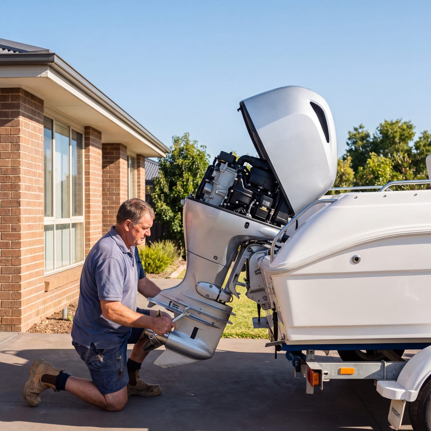Man inspecting the outboard motor of a boat on a trailer in a driveway