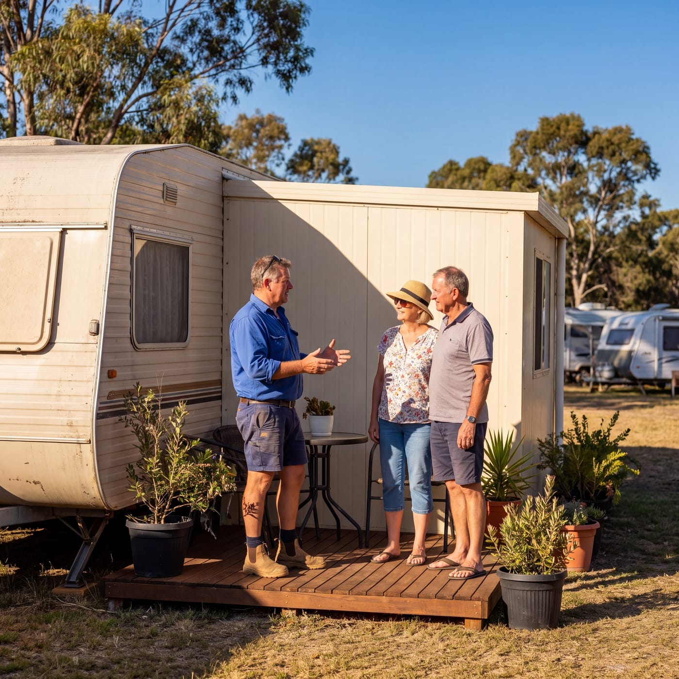 Three people talking on the deck of an annexe beside a caravan at a caravan park