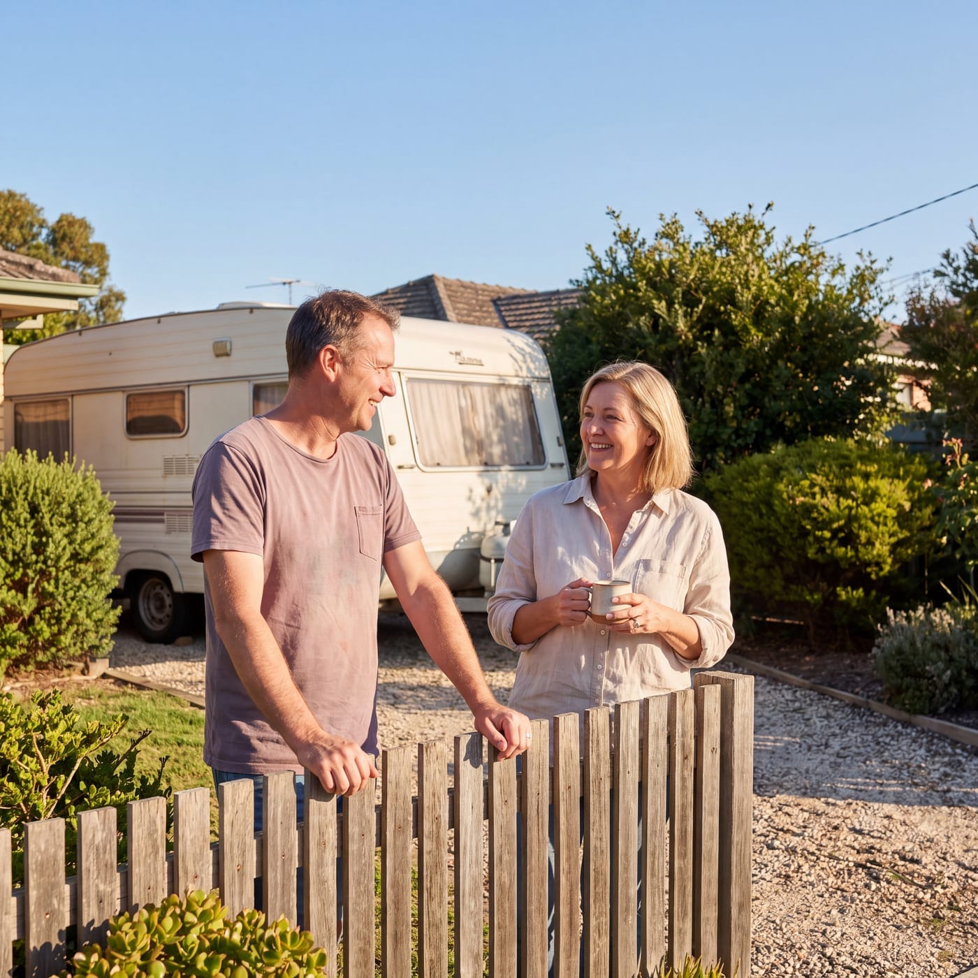 Two neighbours talking over a timber fence with a caravan in the driveway behind