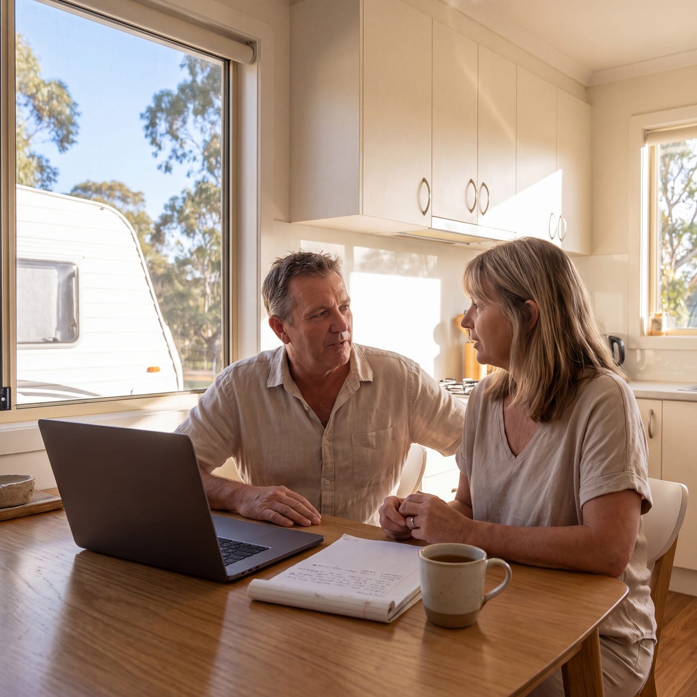 Couple talking at a laptop in a kitchen with a caravan visible through the window