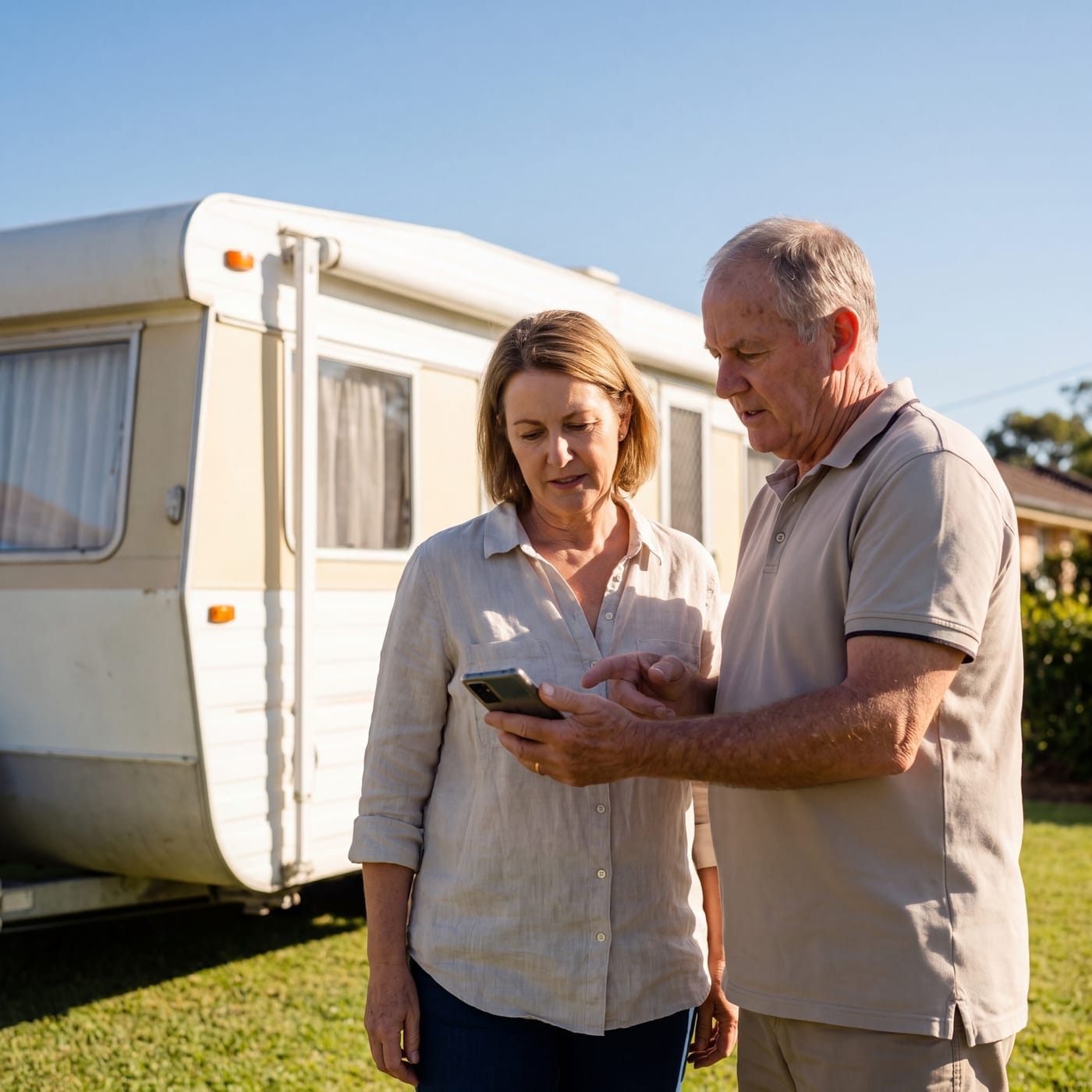 Couple looking at a phone in front of an older caravan on a lawn