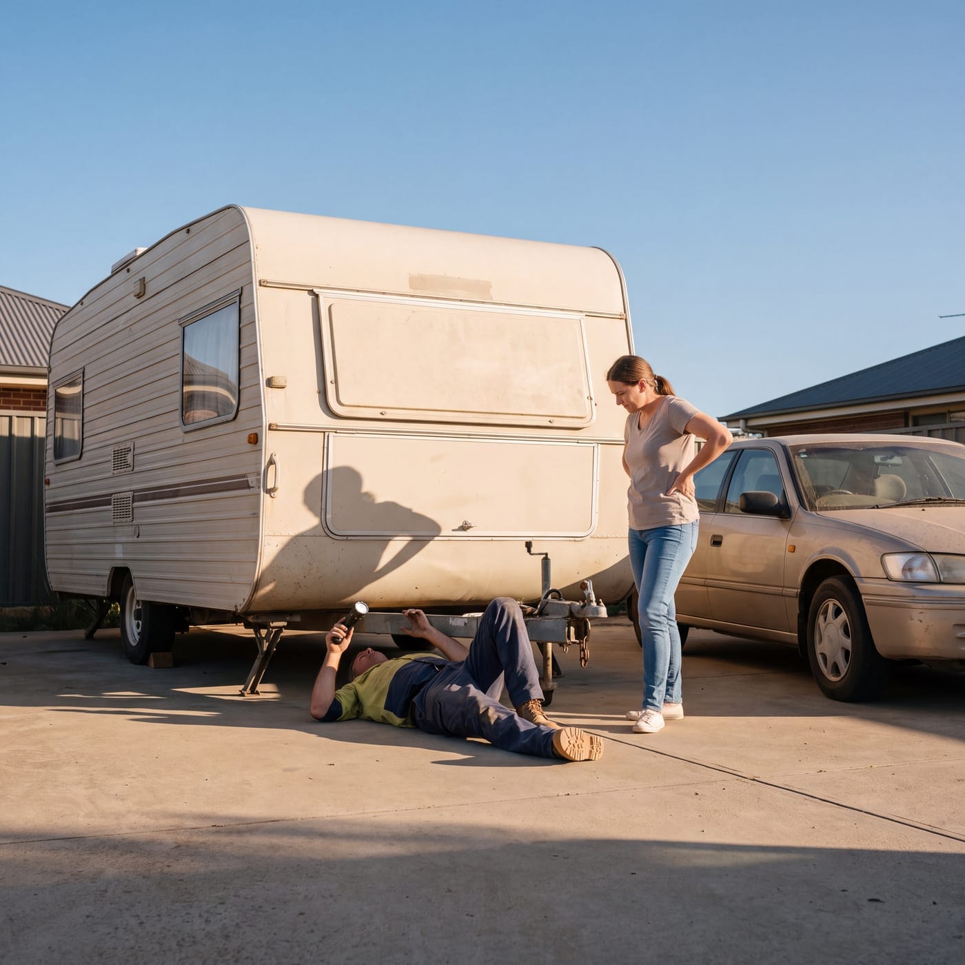 Person lying under a caravan to inspect the chassis while another watches