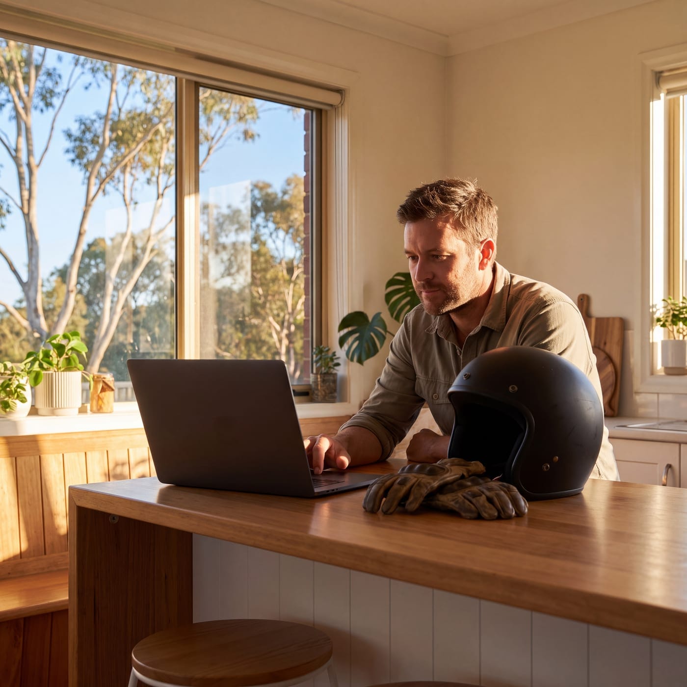 Man browsing a laptop at a kitchen bench with a helmet and gloves beside him