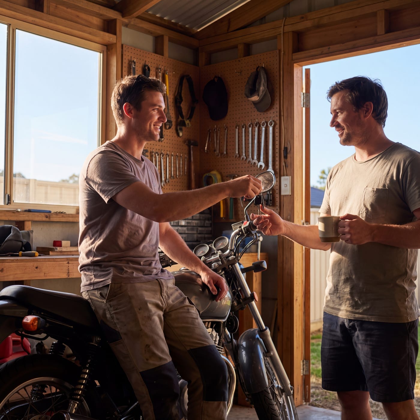 Two men with mugs of tea talking over a motorbike in a garden shed