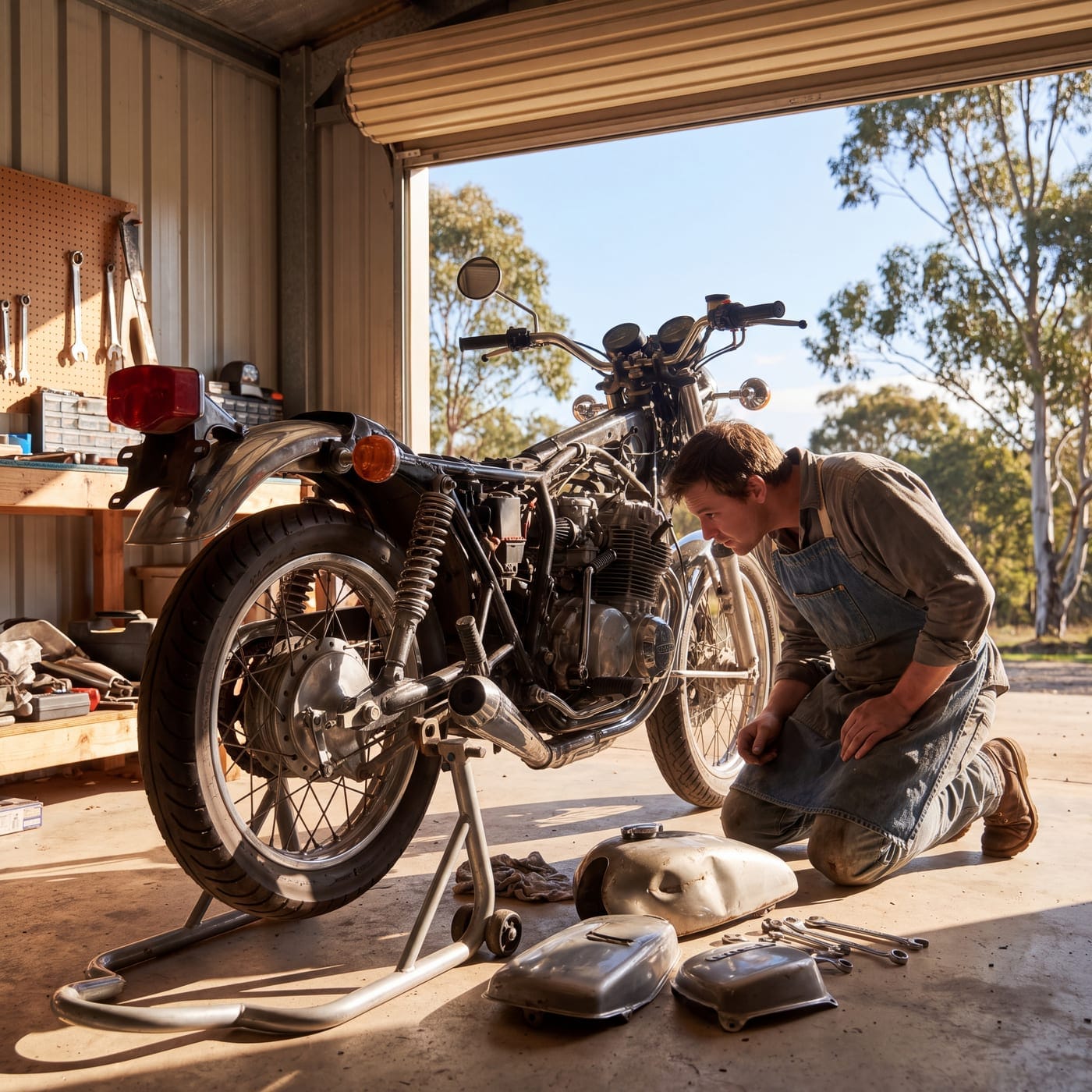 Man crouched beside a partly stripped motorbike on a stand in a shed