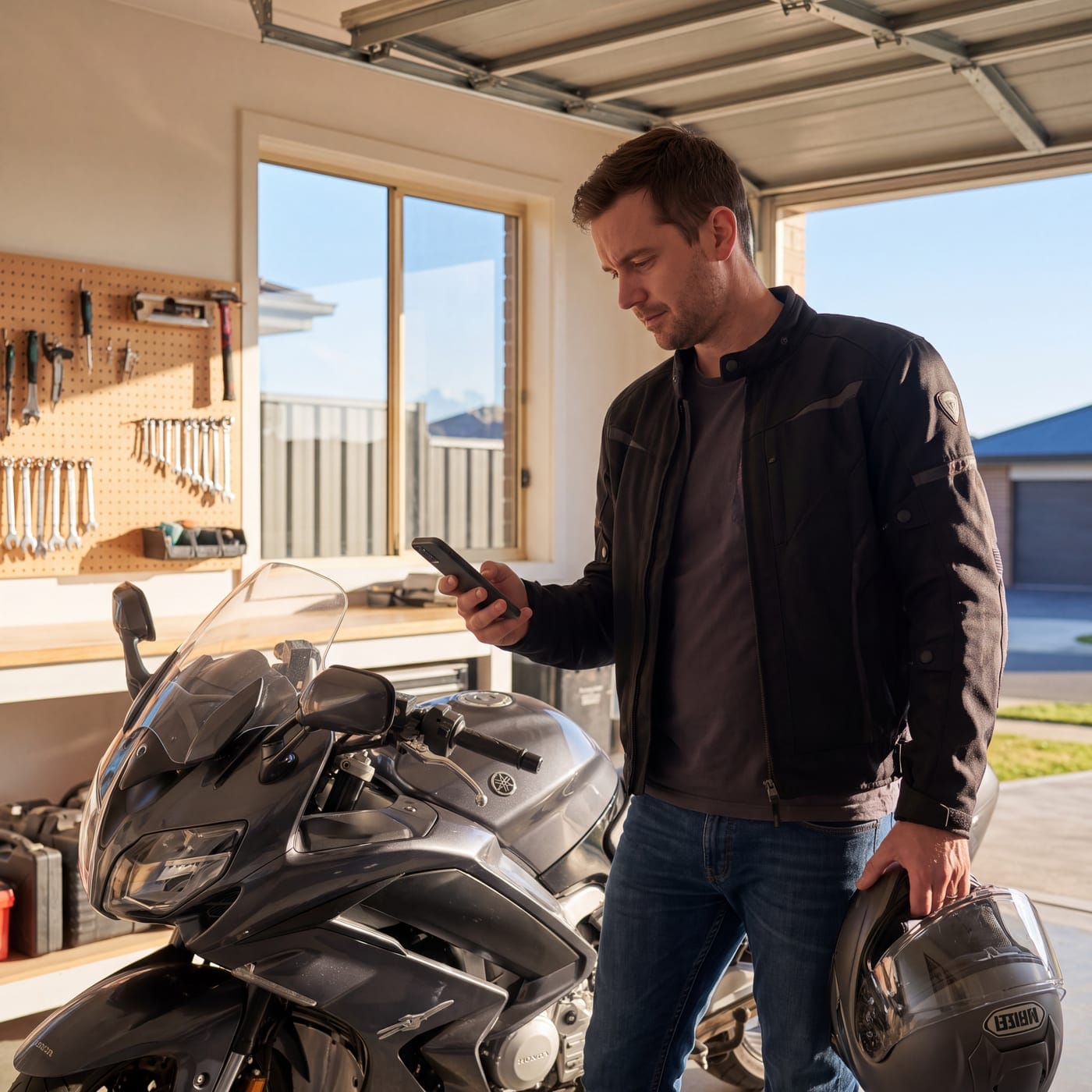 Man holding a helmet checking his phone beside a touring motorbike in a garage