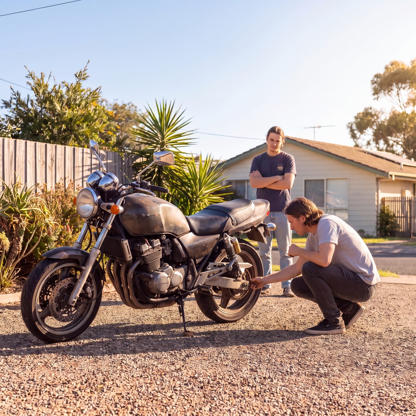 Man crouching to inspect a used motorbike in a driveway while the seller watches