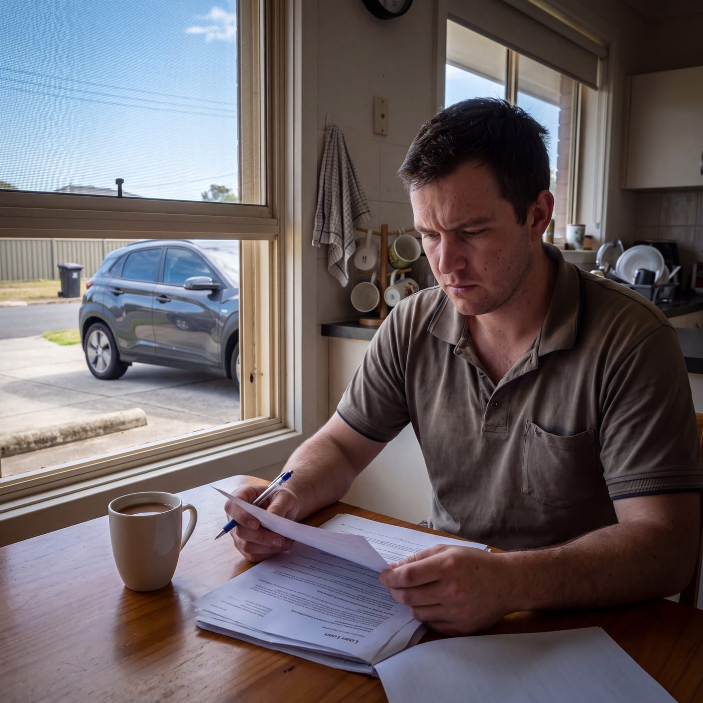 Man working through a form at a dining table with a car visible through the window