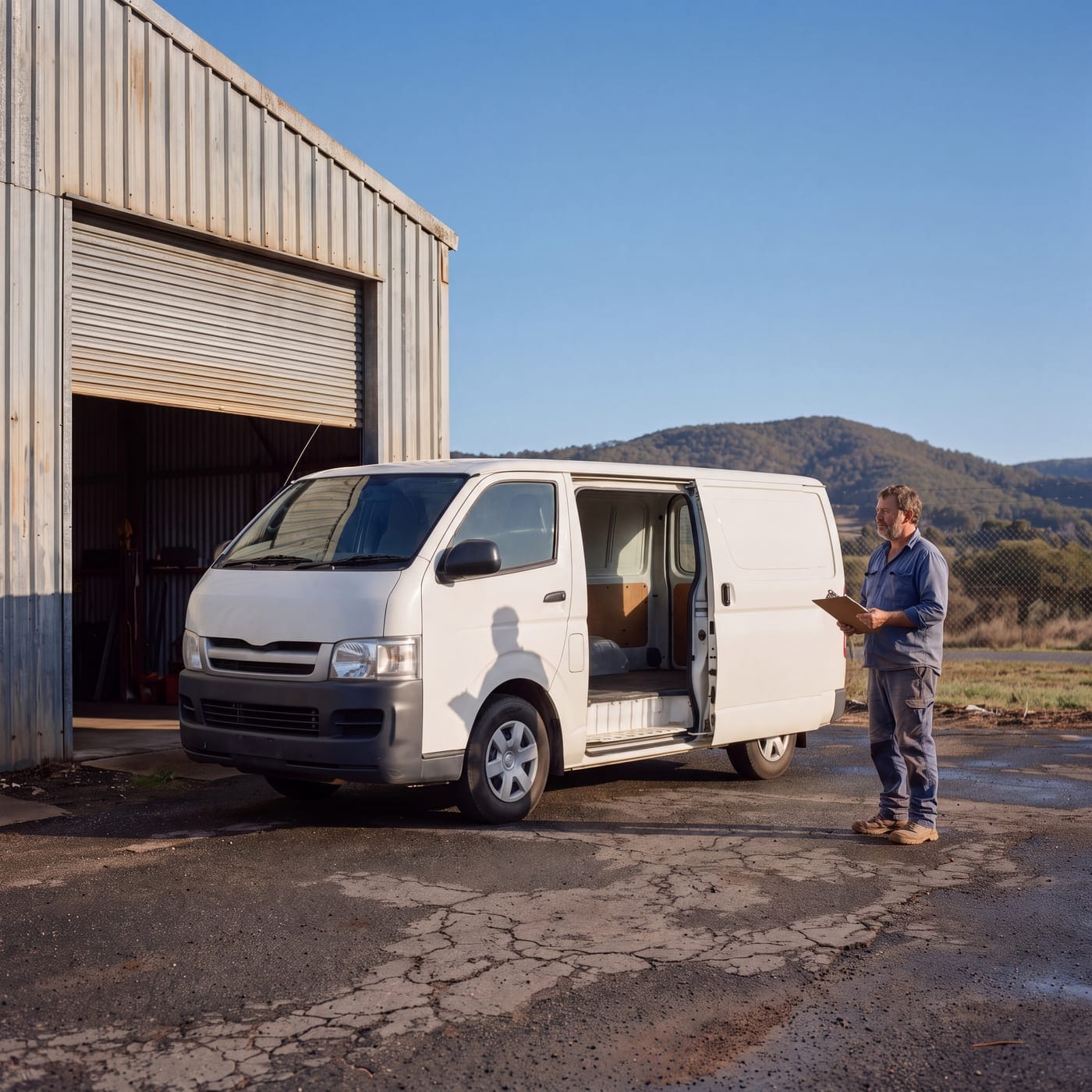Man with a clipboard beside a white van outside a corrugated iron shed