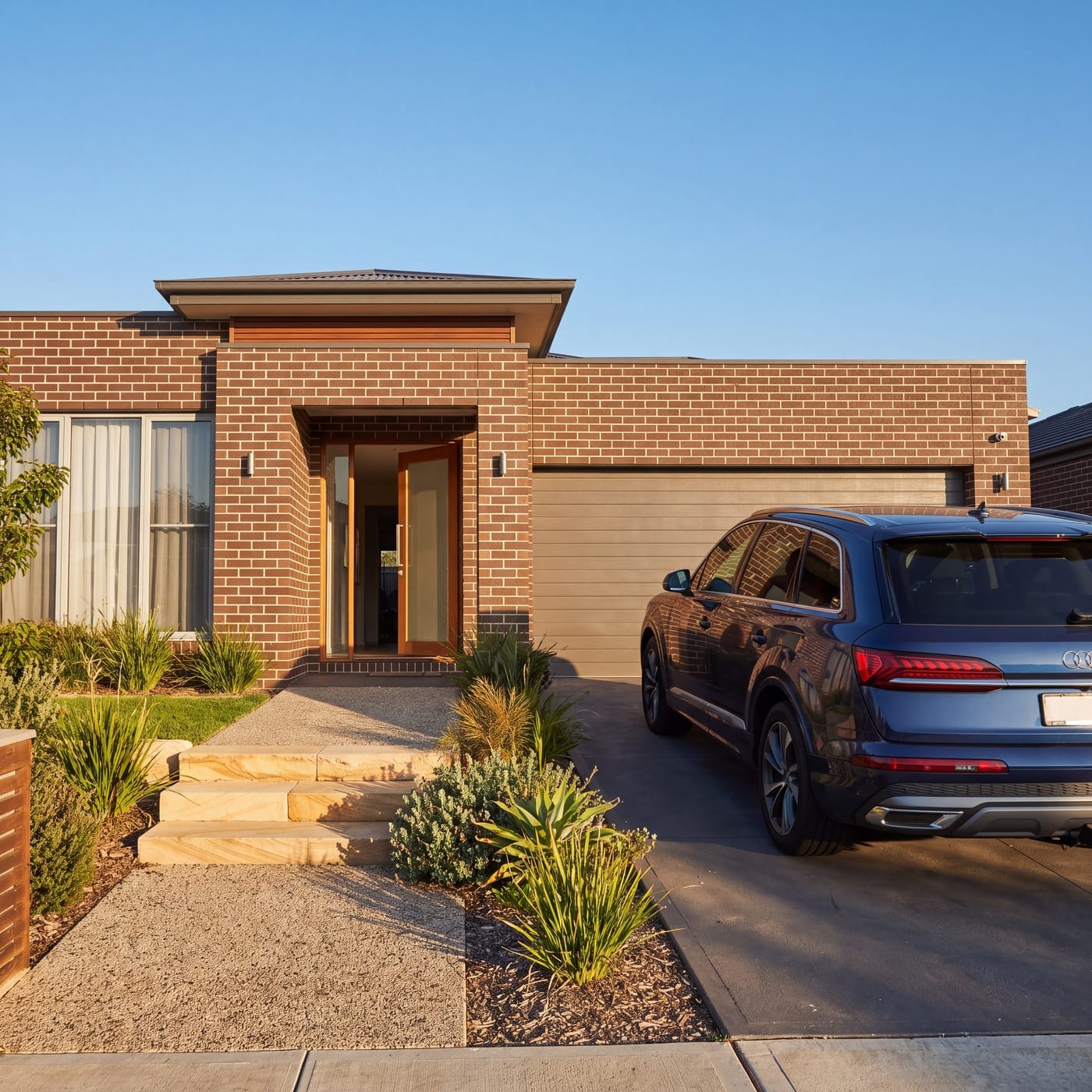 Blue SUV parked in the driveway of a modern brick home