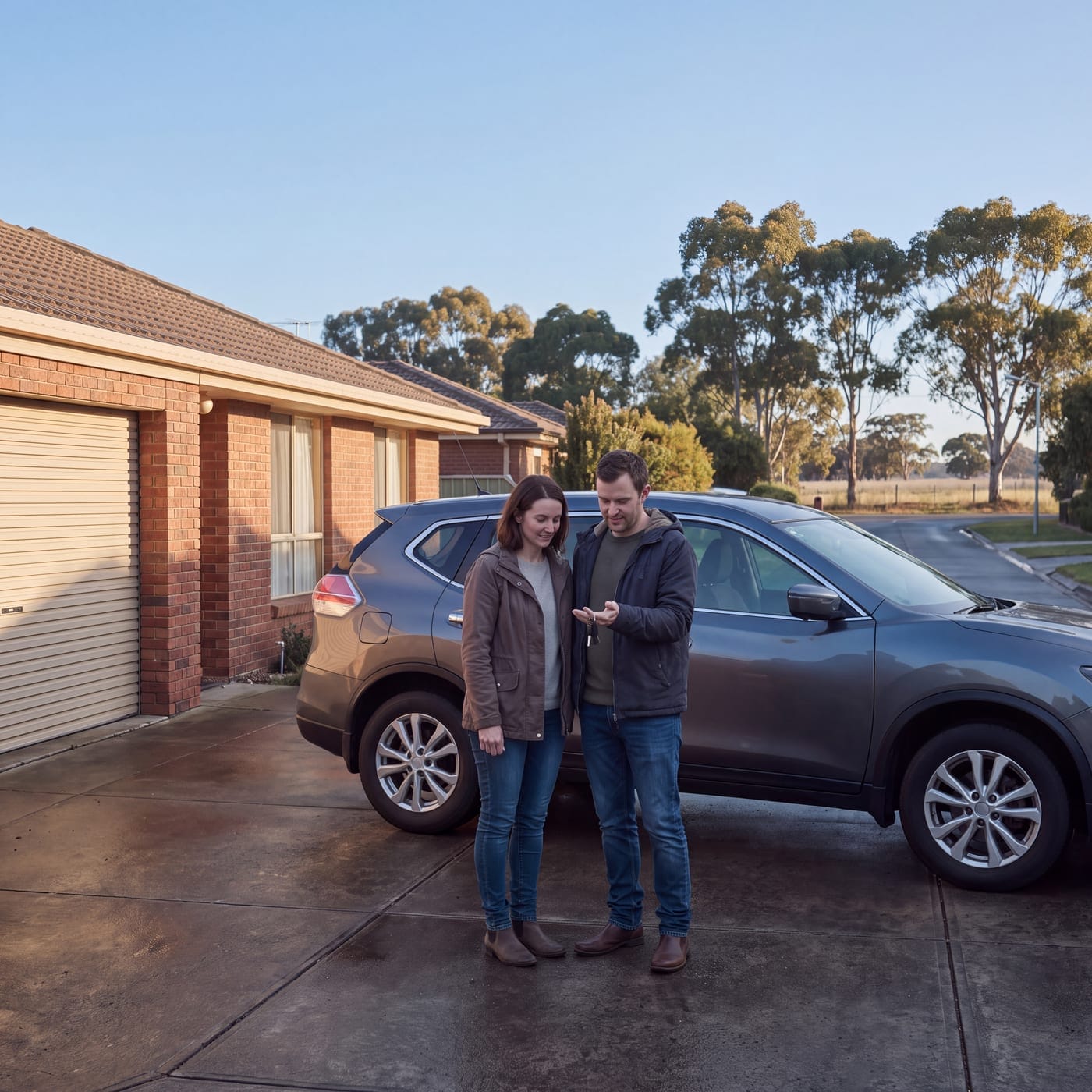 Couple looking at keys beside a grey SUV in a suburban driveway