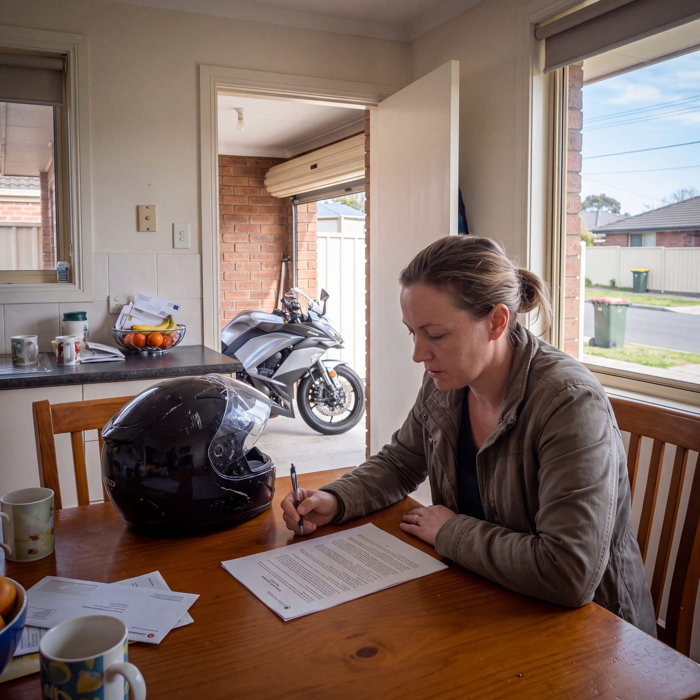 Person signing a form at a kitchen table with a helmet beside them and a motorbike outside