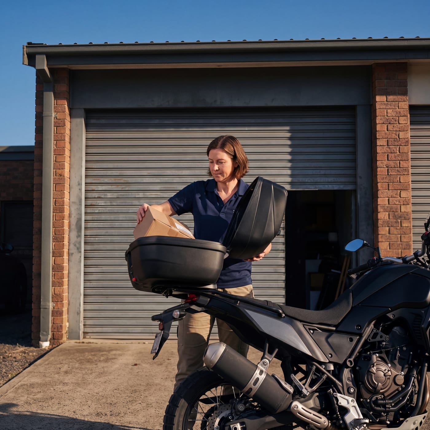 Woman loading a parcel into the top box of a motorbike outside a roller door