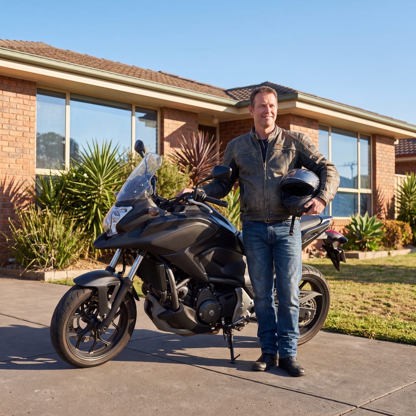 Rider holding a helmet beside an adventure motorbike in a suburban driveway
