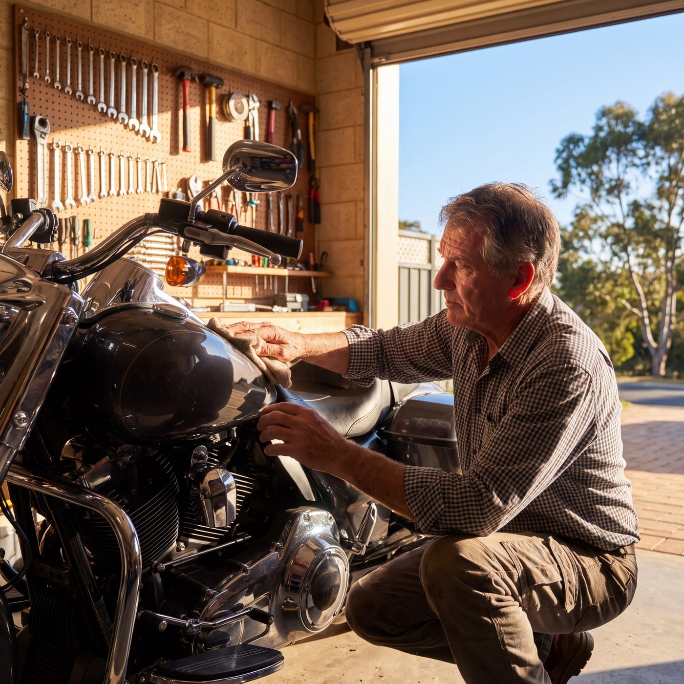 Man polishing a cruiser motorbike in a garage with tools on the wall