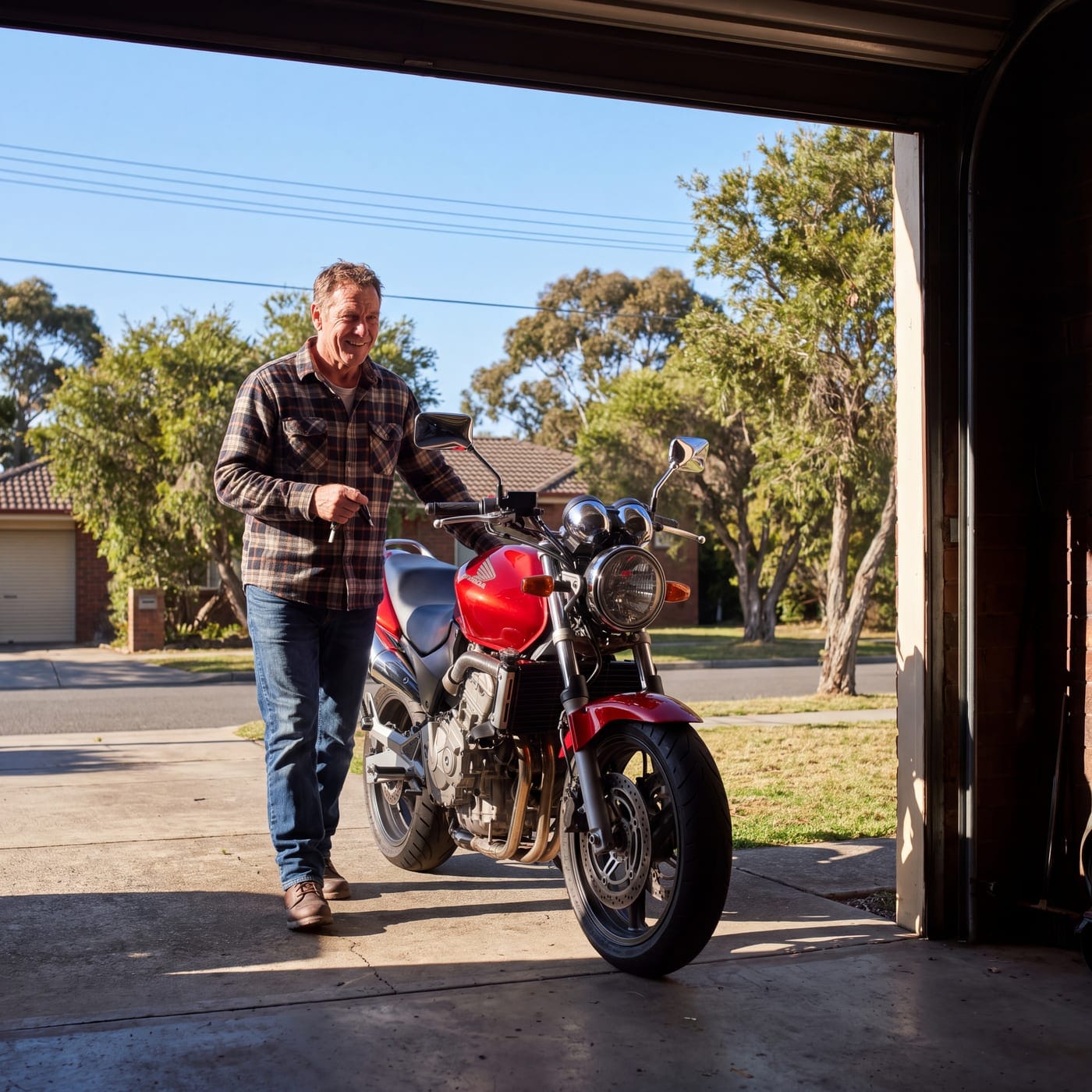 Man walking towards a red motorbike parked in his driveway