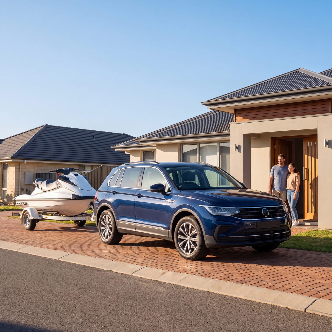Couple at their front door with a blue SUV and a jet ski on a trailer in the driveway