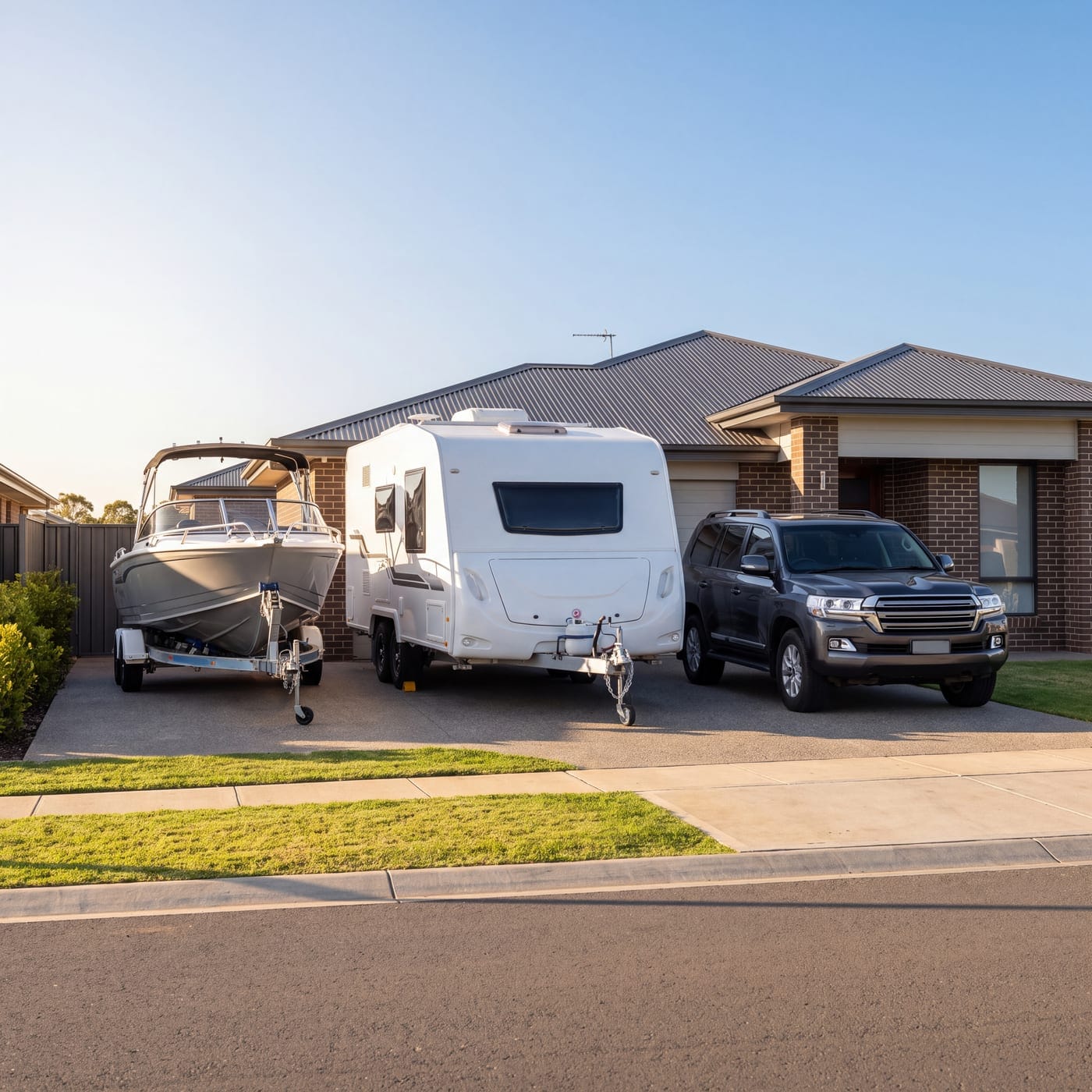 Boat, caravan and four wheel drive parked side by side on a suburban driveway