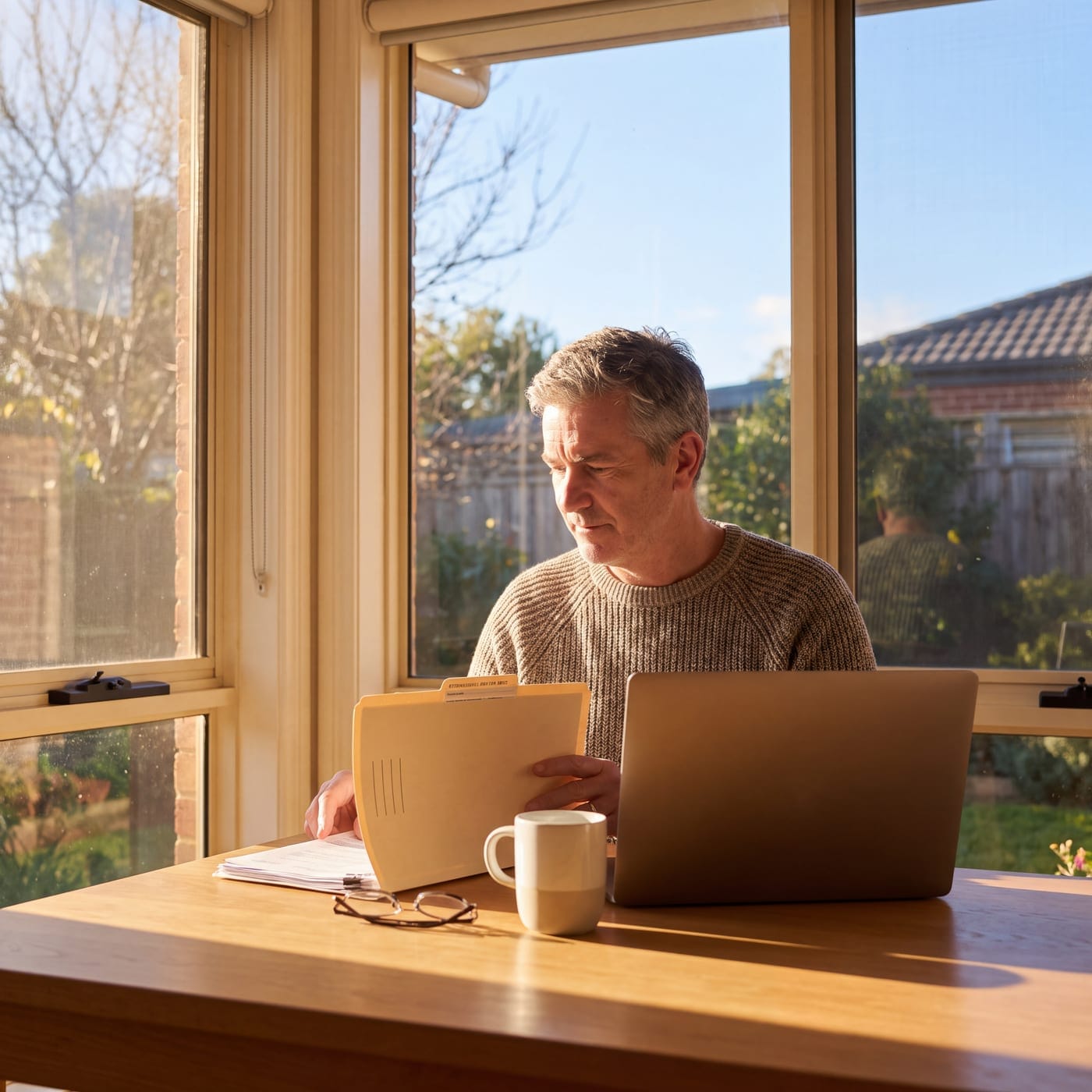 Man reviewing a folder at a laptop by a sunlit window
