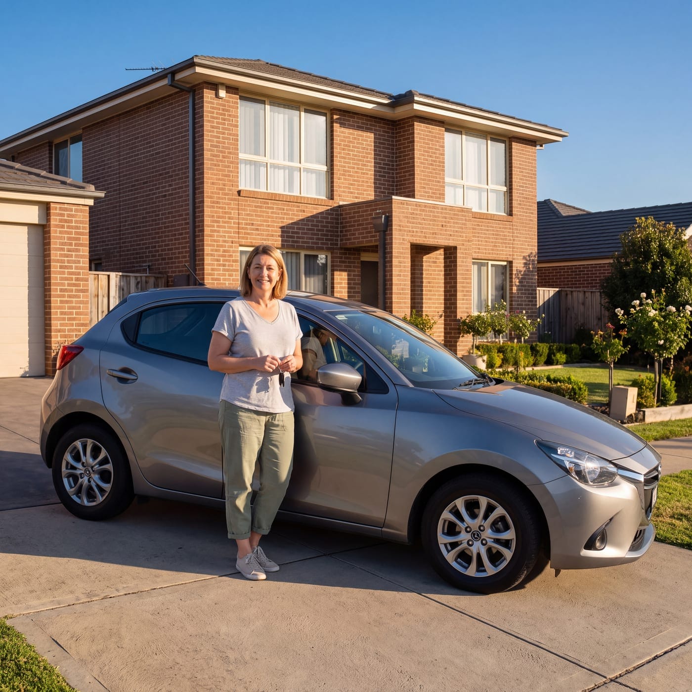 Woman holding keys beside a silver hatchback outside a two-storey brick house