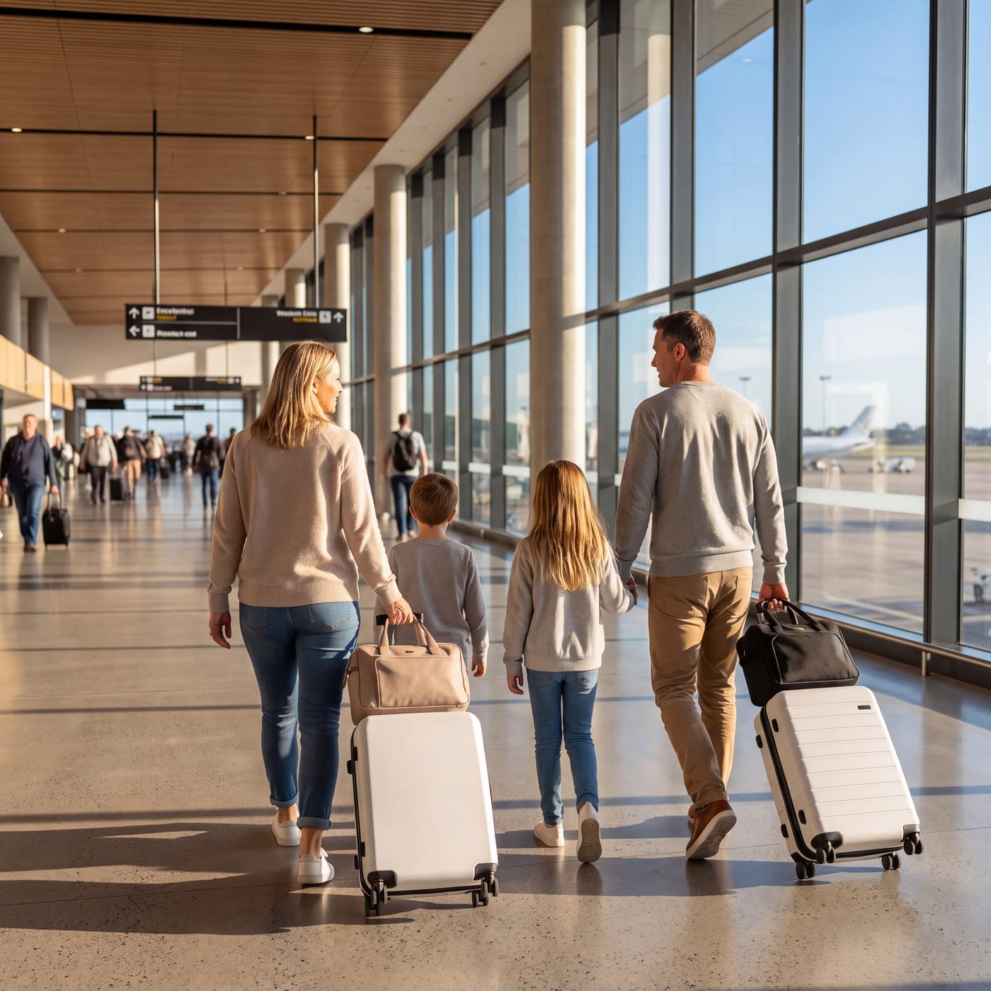 Family of four wheeling suitcases through an airport terminal