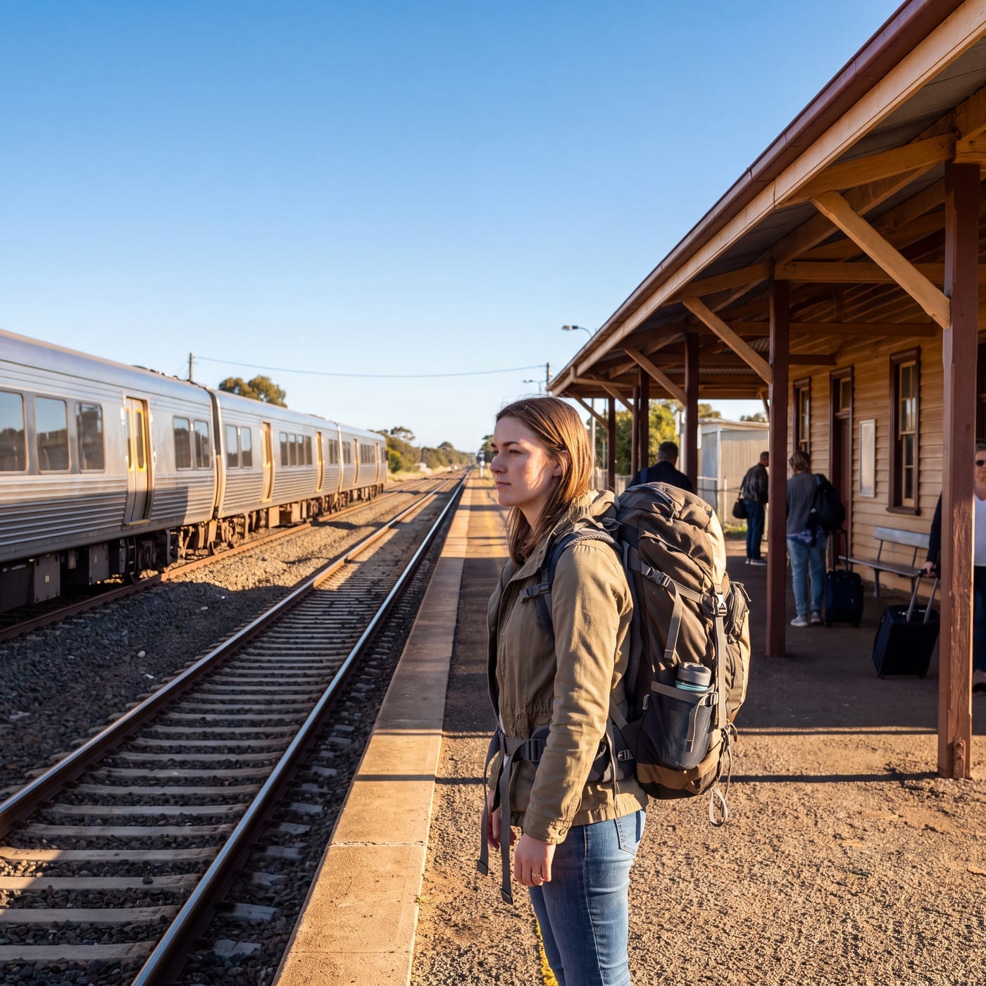 Young woman with a large backpack waiting on a country railway platform
