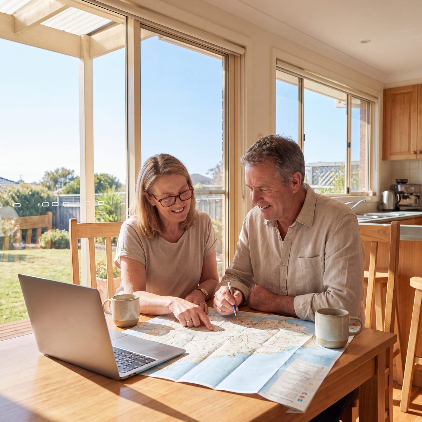 Couple planning a route on a paper map at a kitchen table with a laptop
