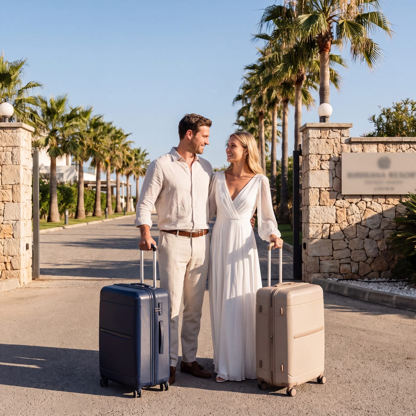 Couple with suitcases walking through the palm-lined entrance of a resort