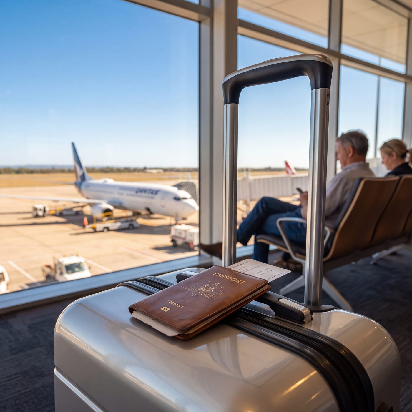 Passport resting on a suitcase at an airport window with a plane on the tarmac