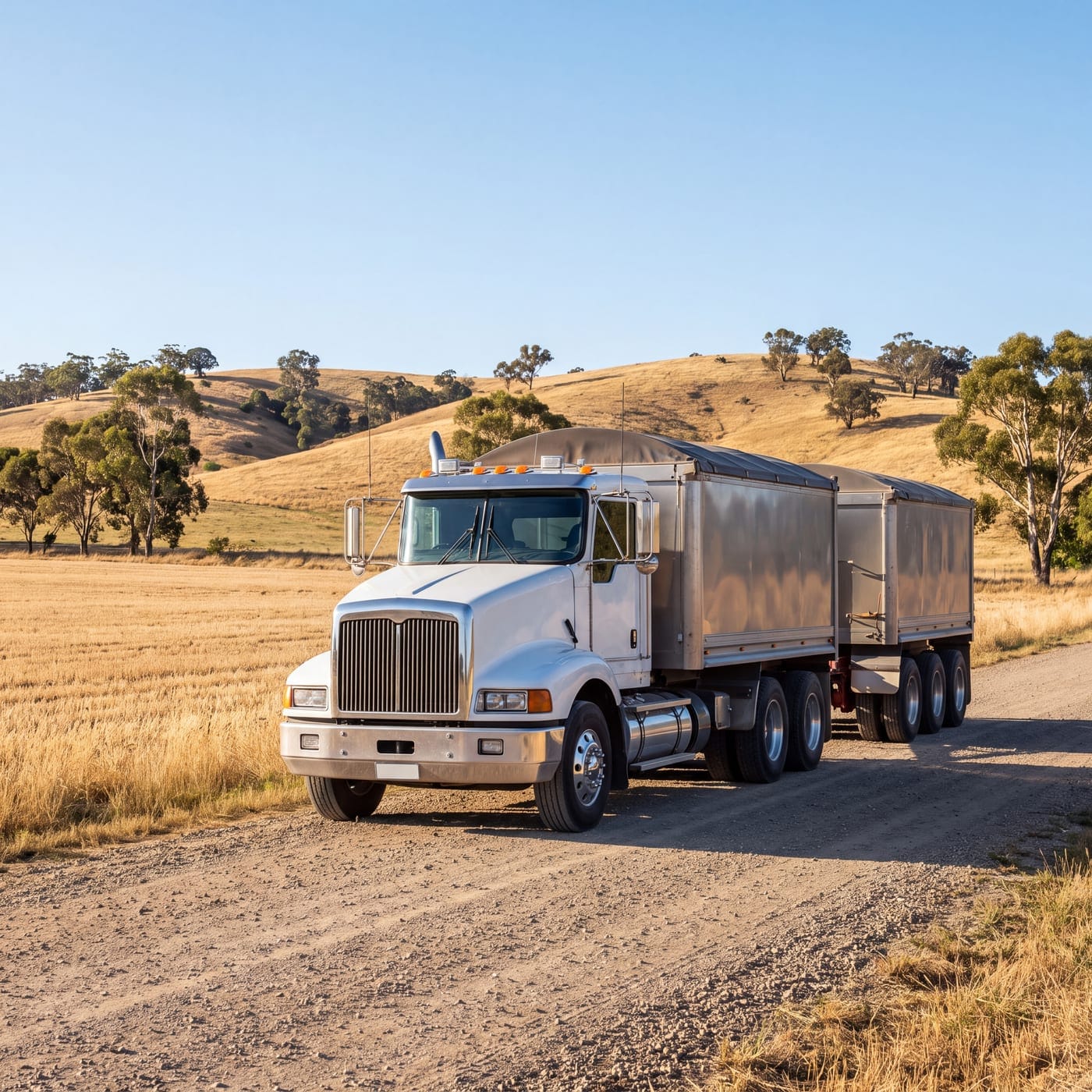 Tipper truck and trailer parked beside a harvested paddock