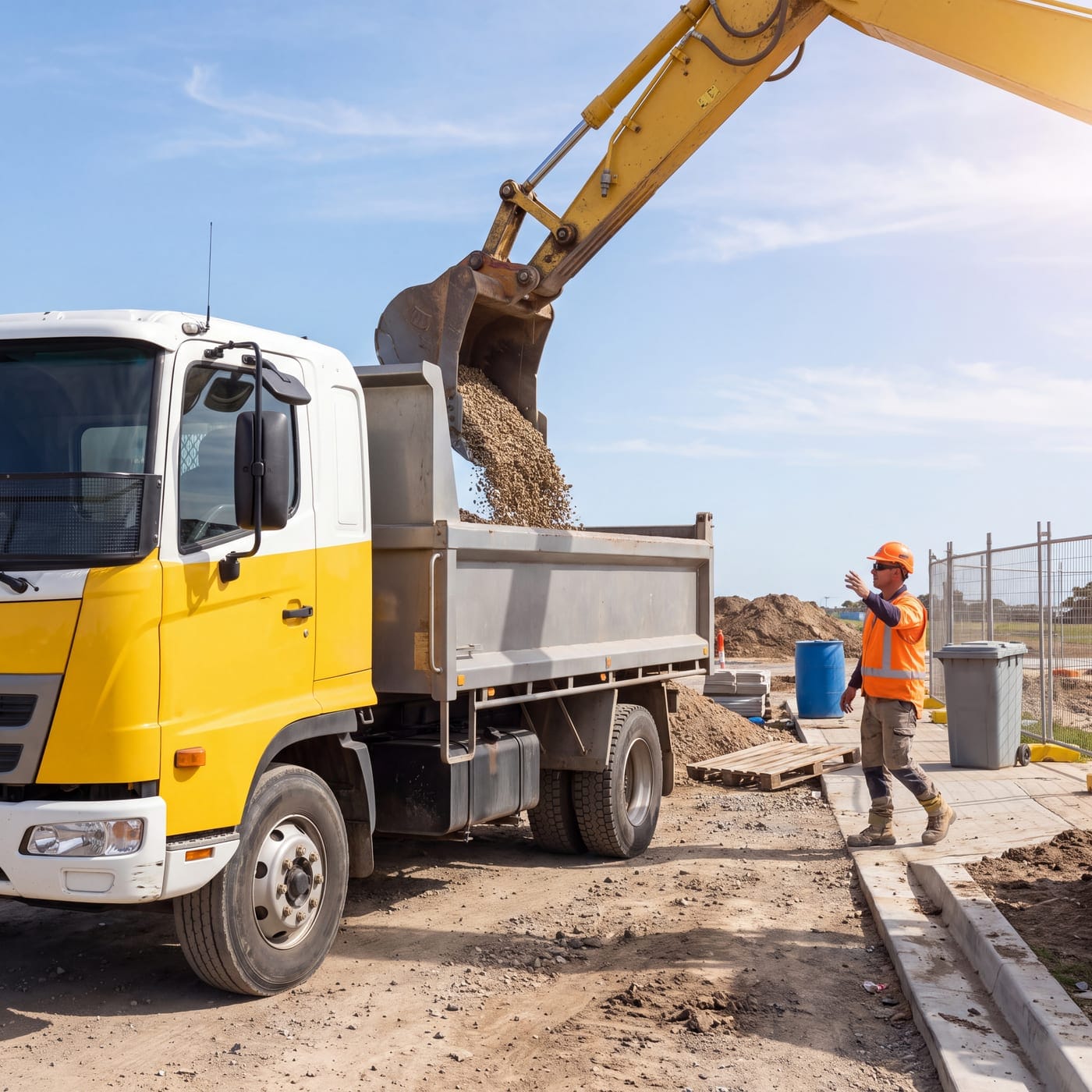 Excavator loading gravel into a tipper truck on a roadworks site