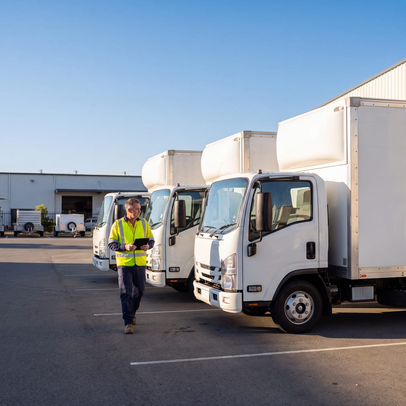 Worker in hi-vis with a tablet walking past a row of white box trucks in a depot