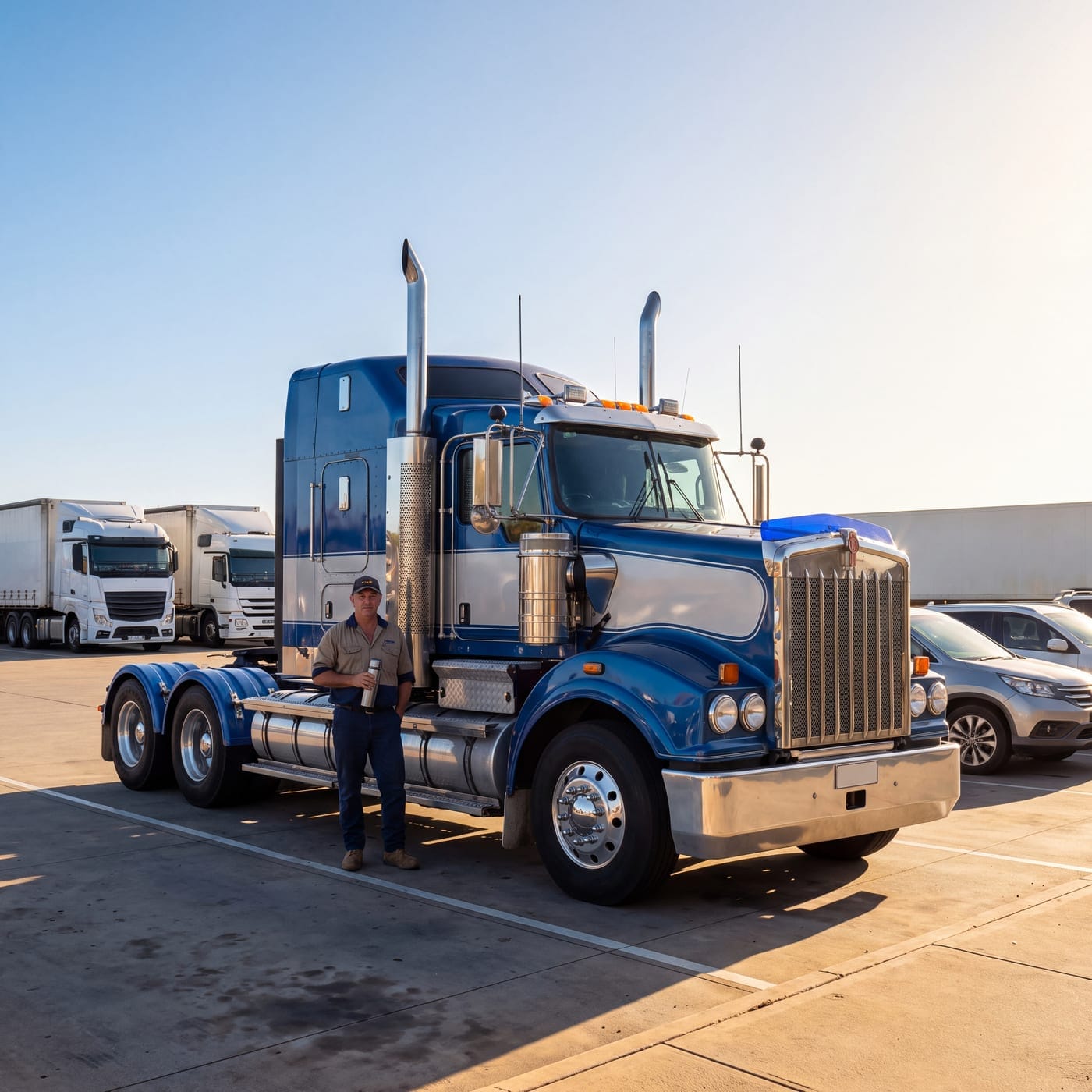 Driver standing beside a blue prime mover in a truck yard