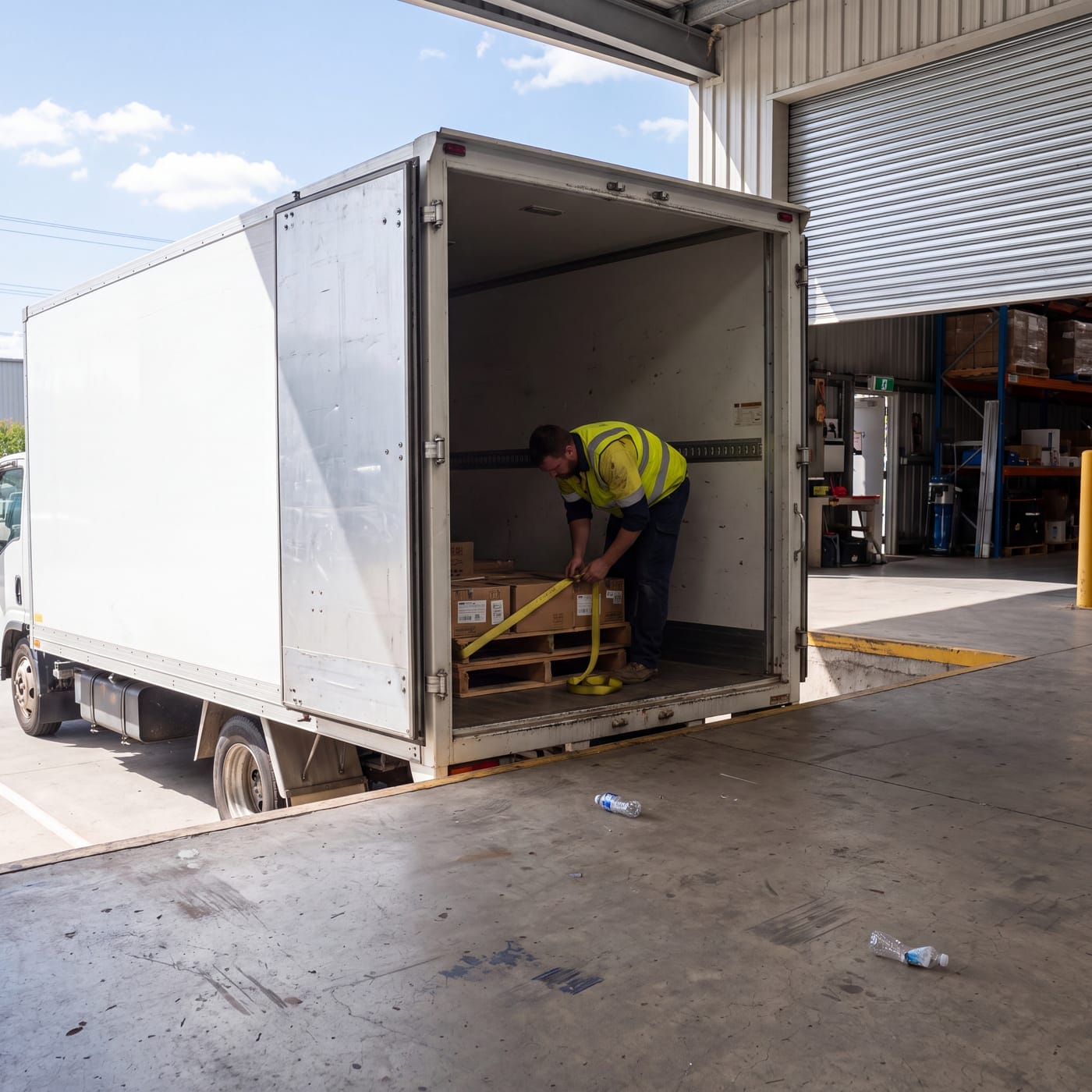 Driver loading a box truck backed up to a warehouse roller door