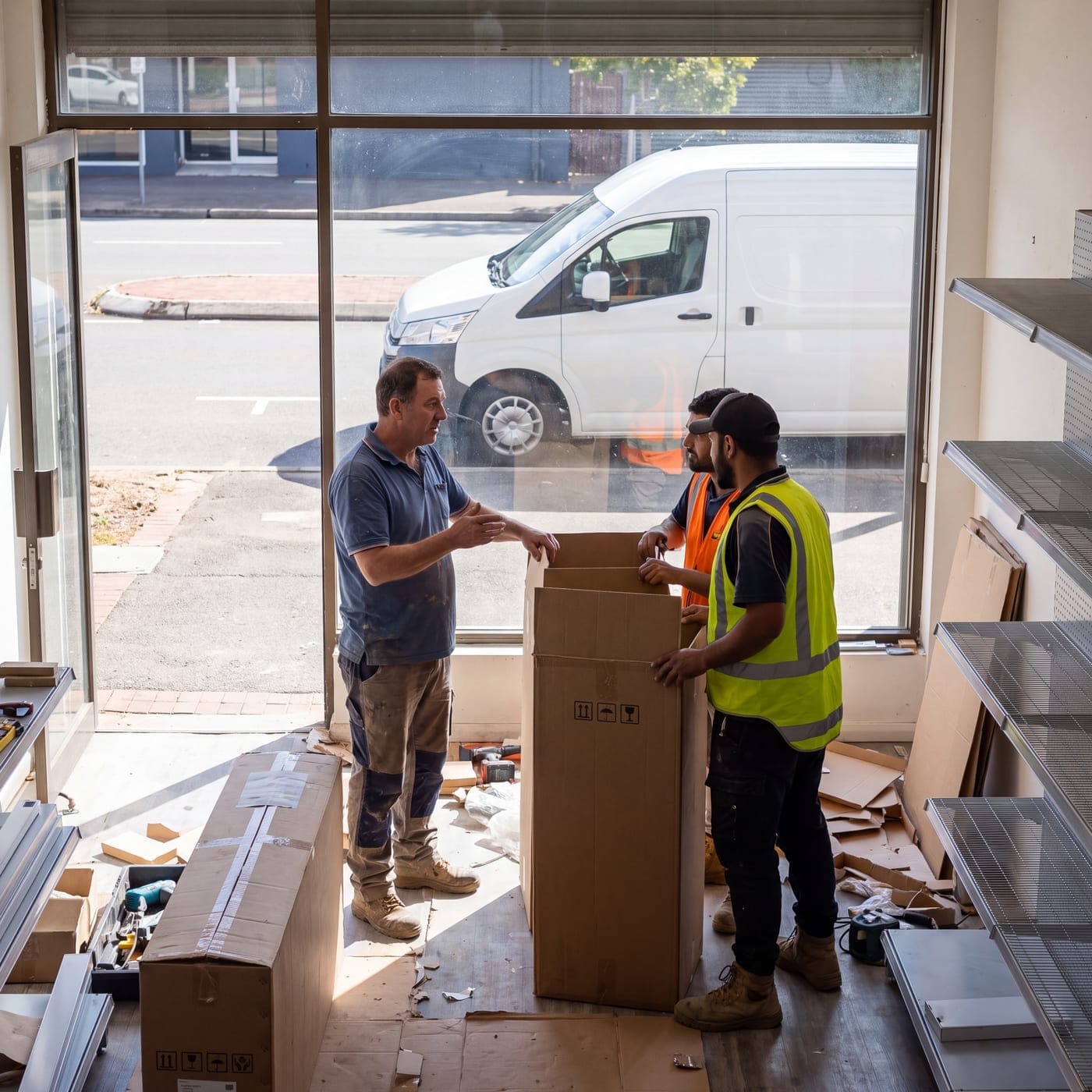 Two people unpacking boxes in a shop being fitted out, a van parked outside