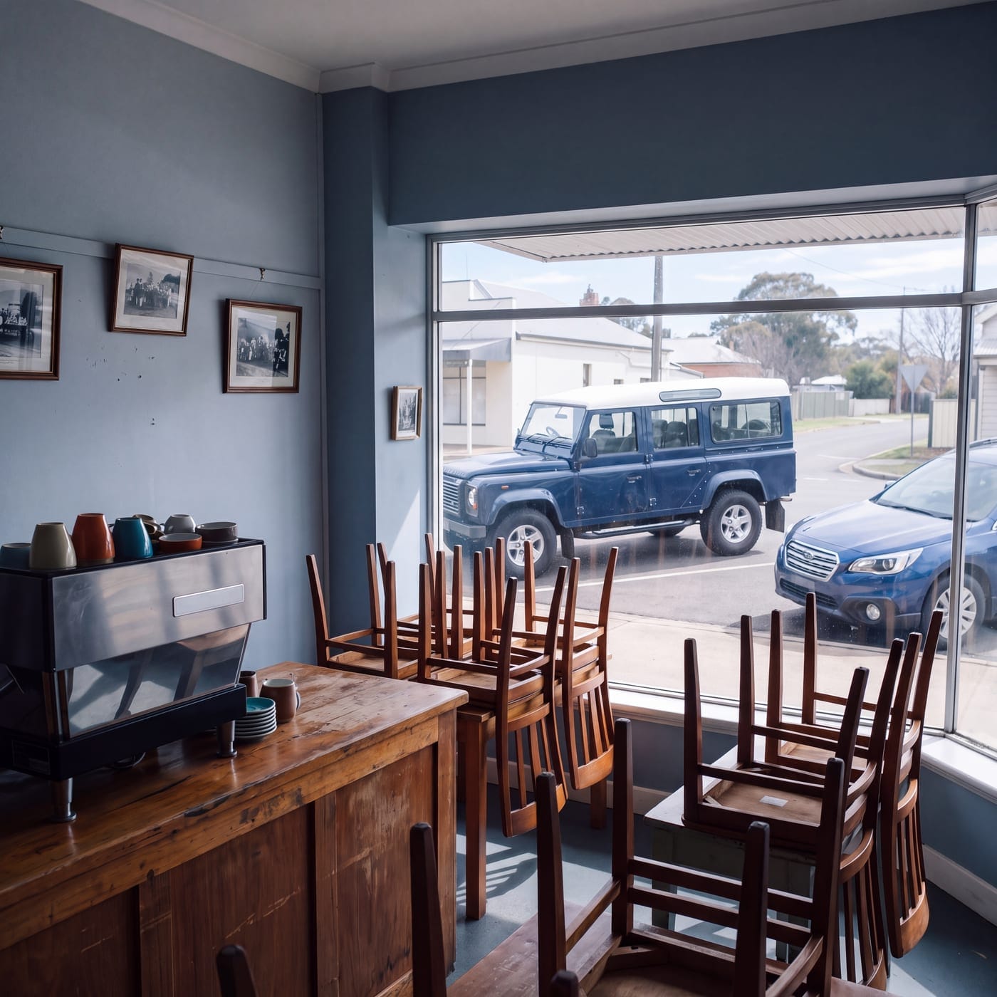 Chairs stacked on the tables of a closed cafe with a vehicle parked outside