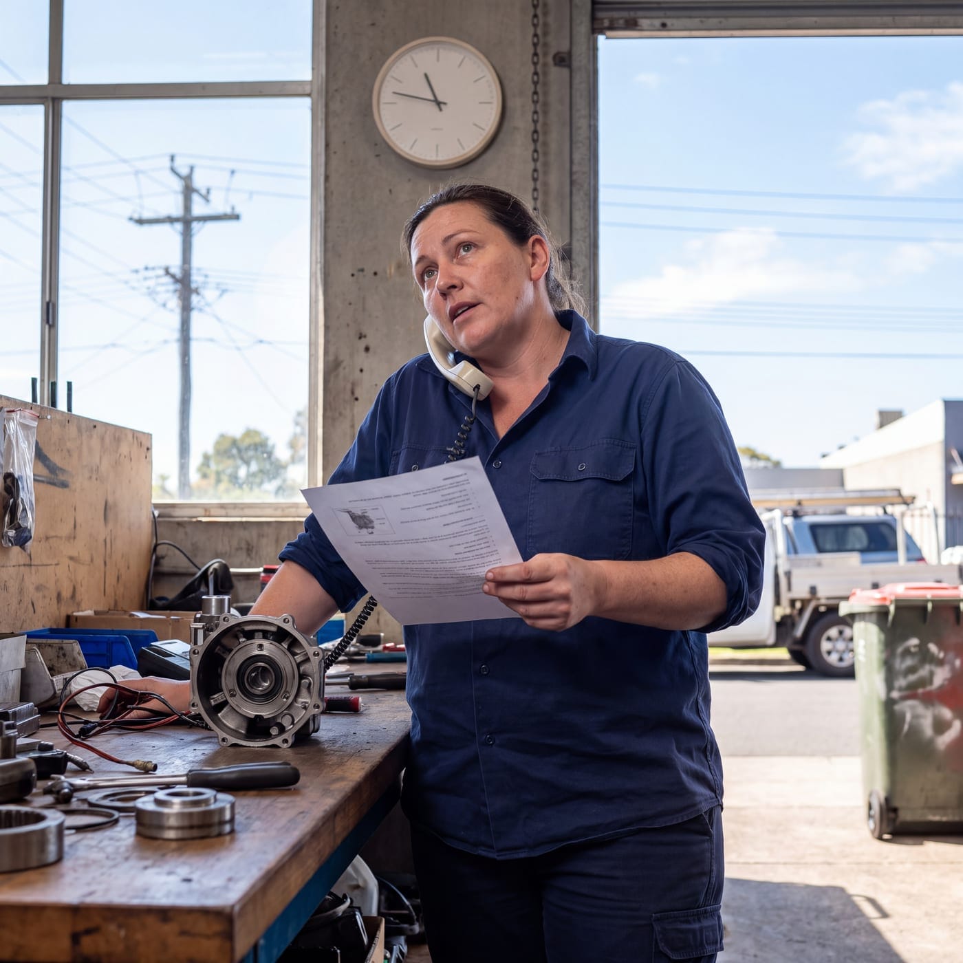 Workshop owner on the phone holding an invoice beside a bench of machine parts