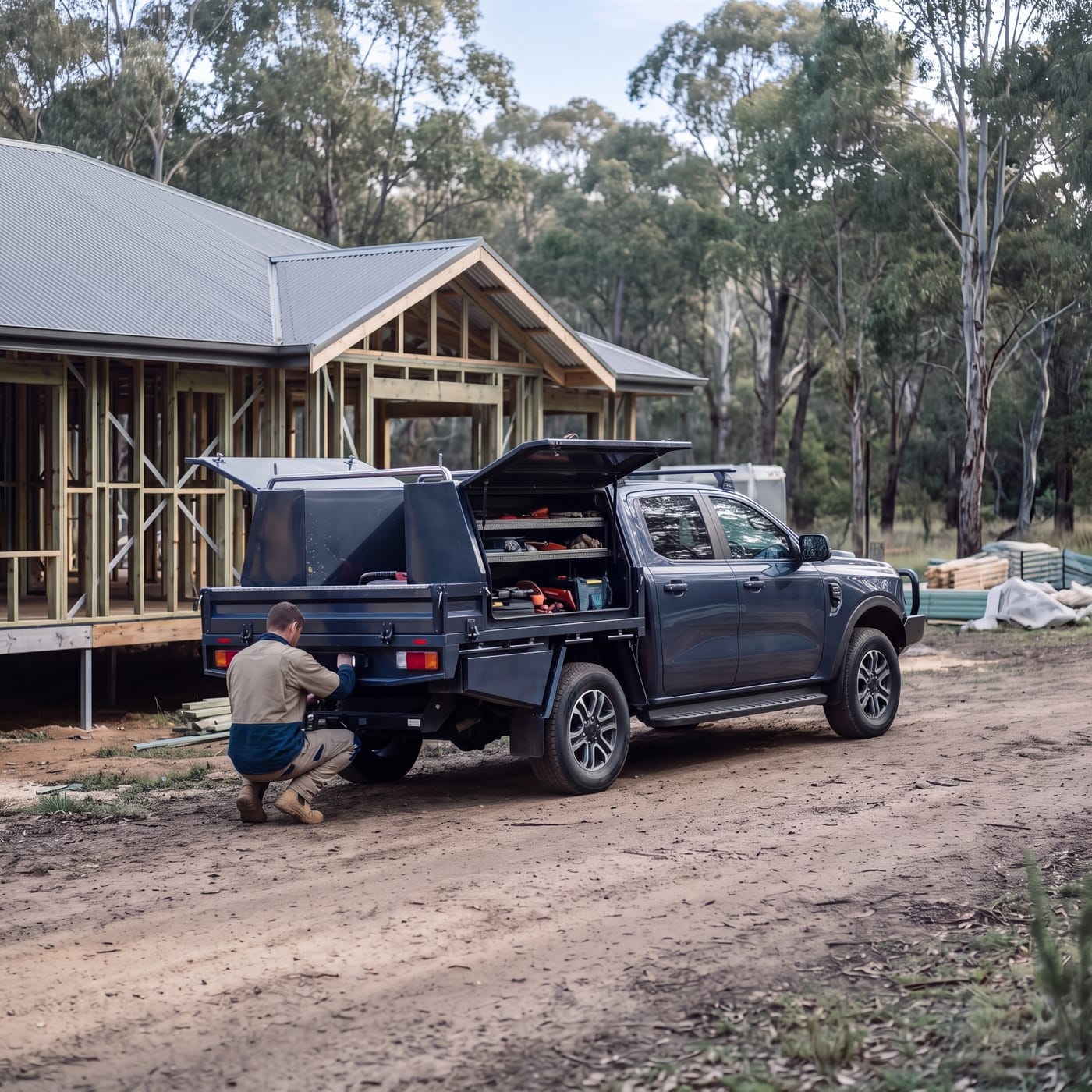 Worker crouched at the open tray of a ute outside a half-built house