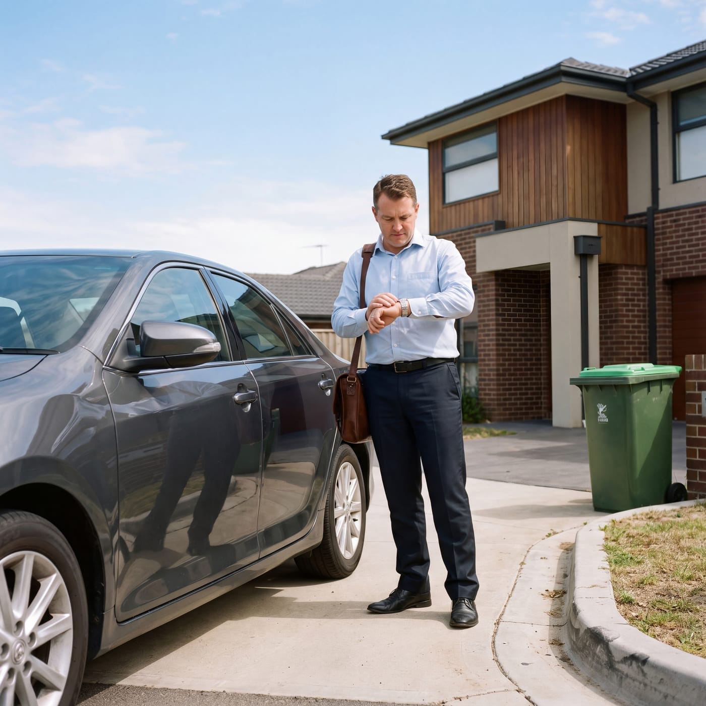 Man in a suit checking the time beside a parked car outside a townhouse