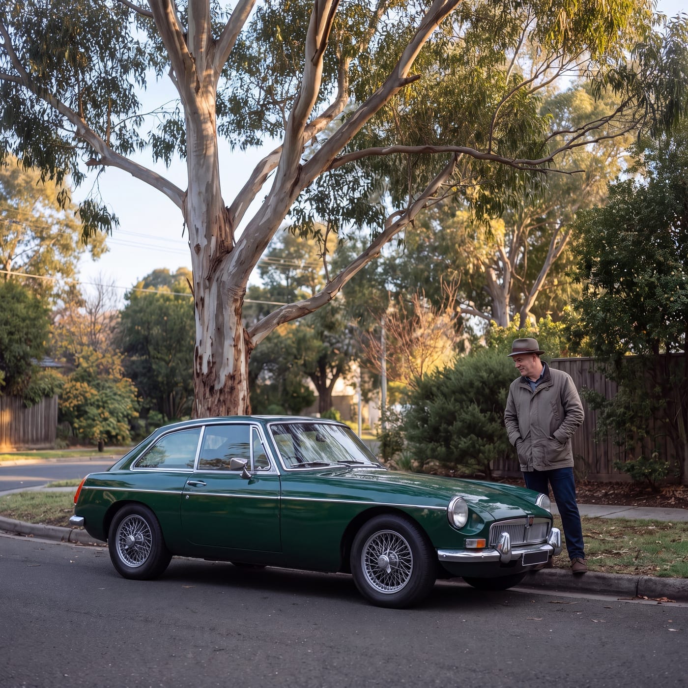 Man leaning on a green classic coupe parked under a gum tree