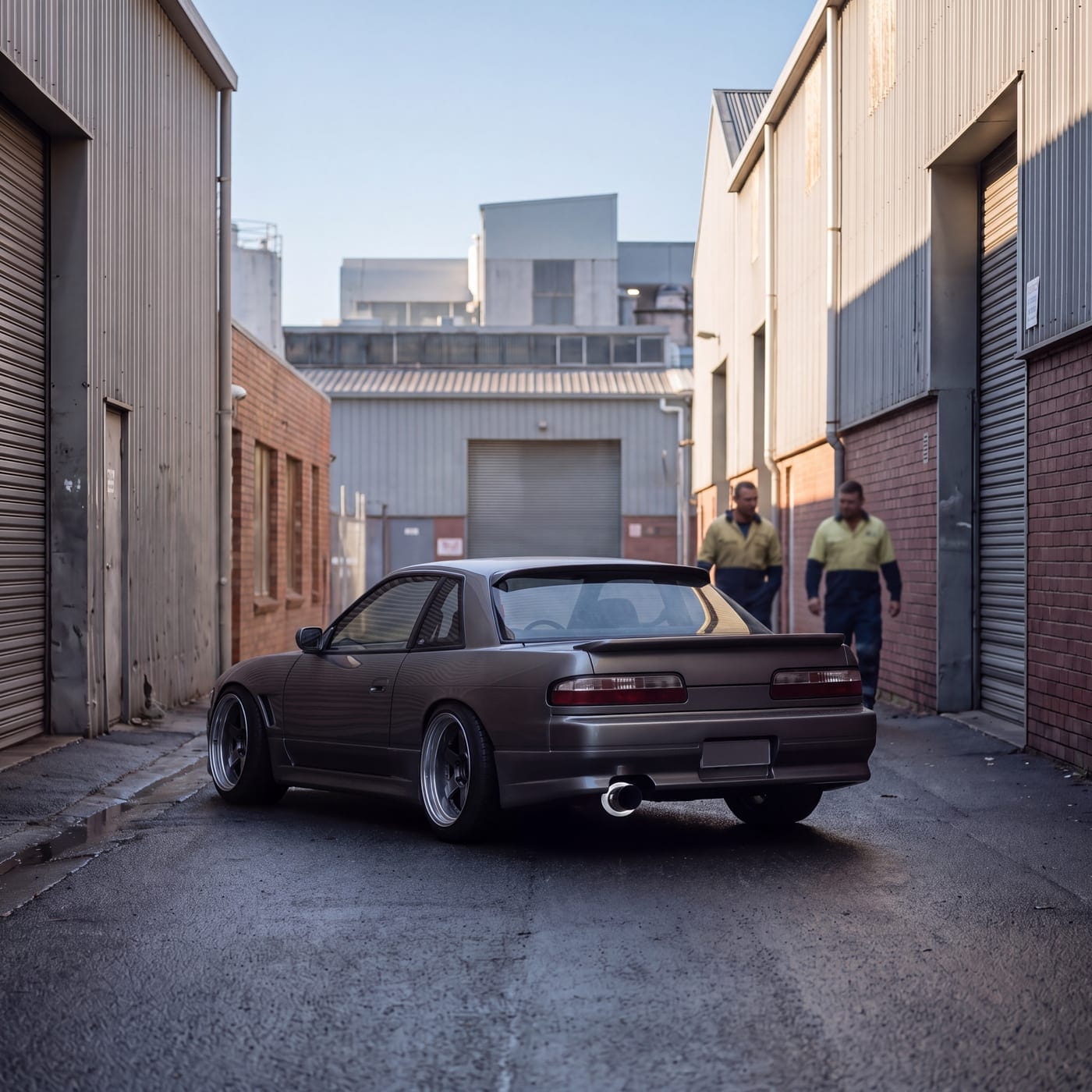 Lowered grey coupe with a rear wing parked in a laneway between workshops