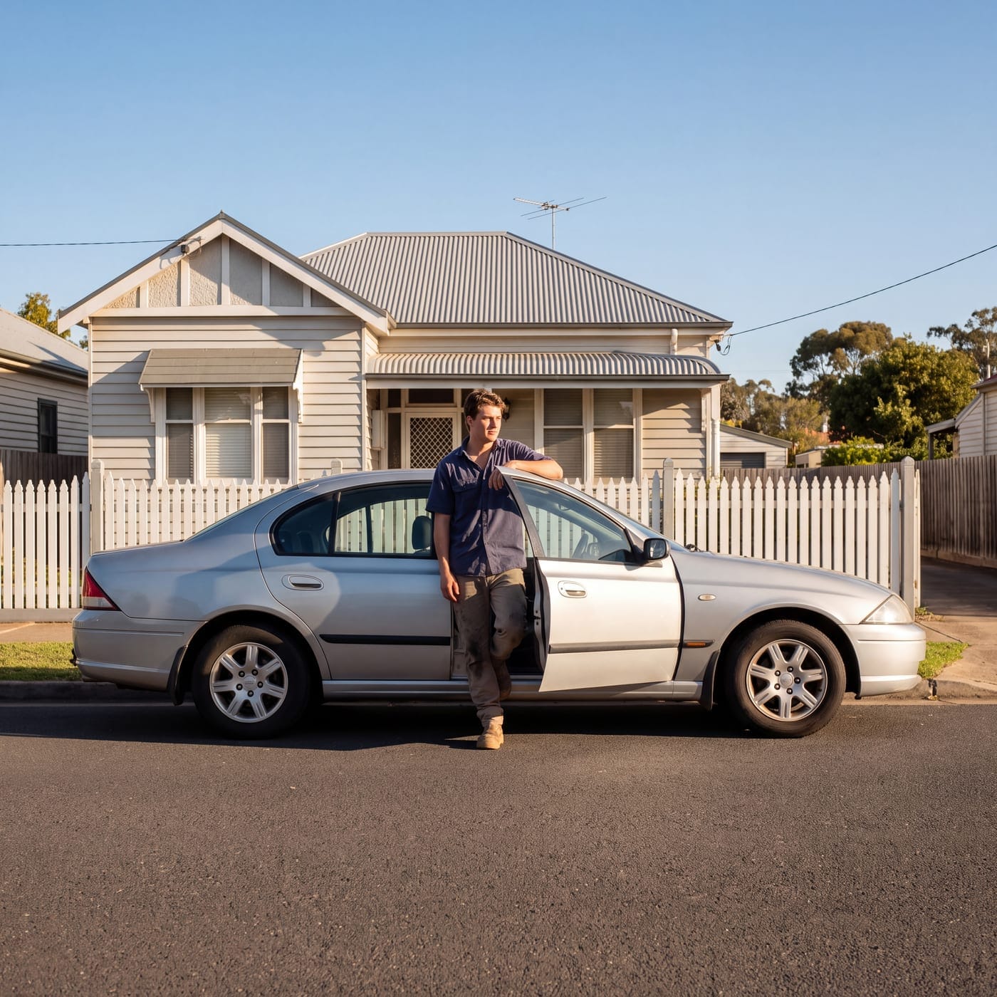 Young man leaning on the open door of an older silver sedan outside a weatherboard cottage