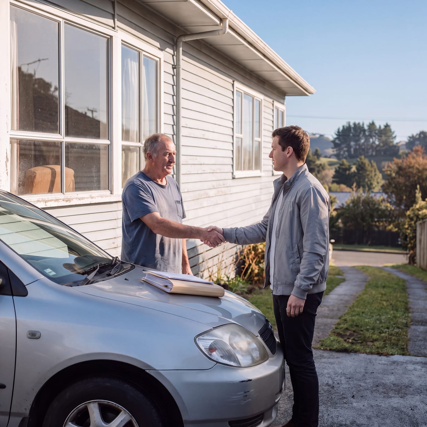 Two people shaking hands over paperwork on the bonnet of a silver hatchback