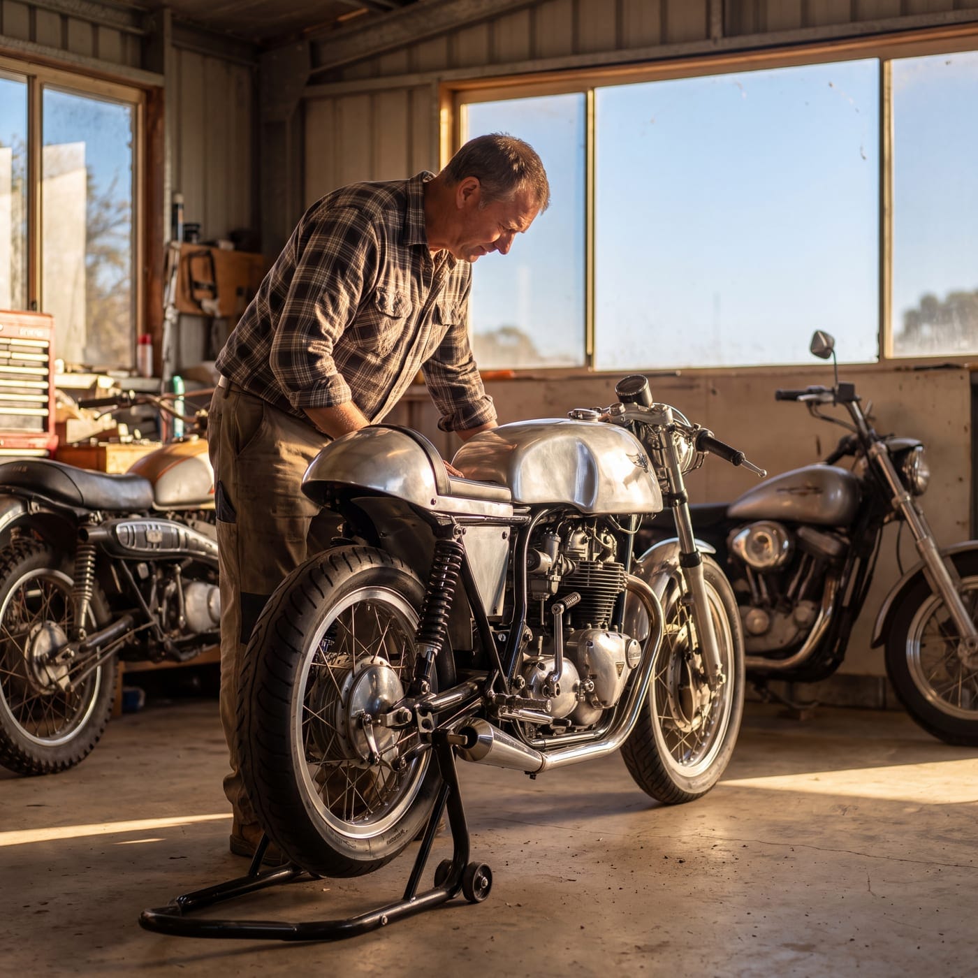 Man working on a cafe racer motorbike in a shed with two other classic bikes