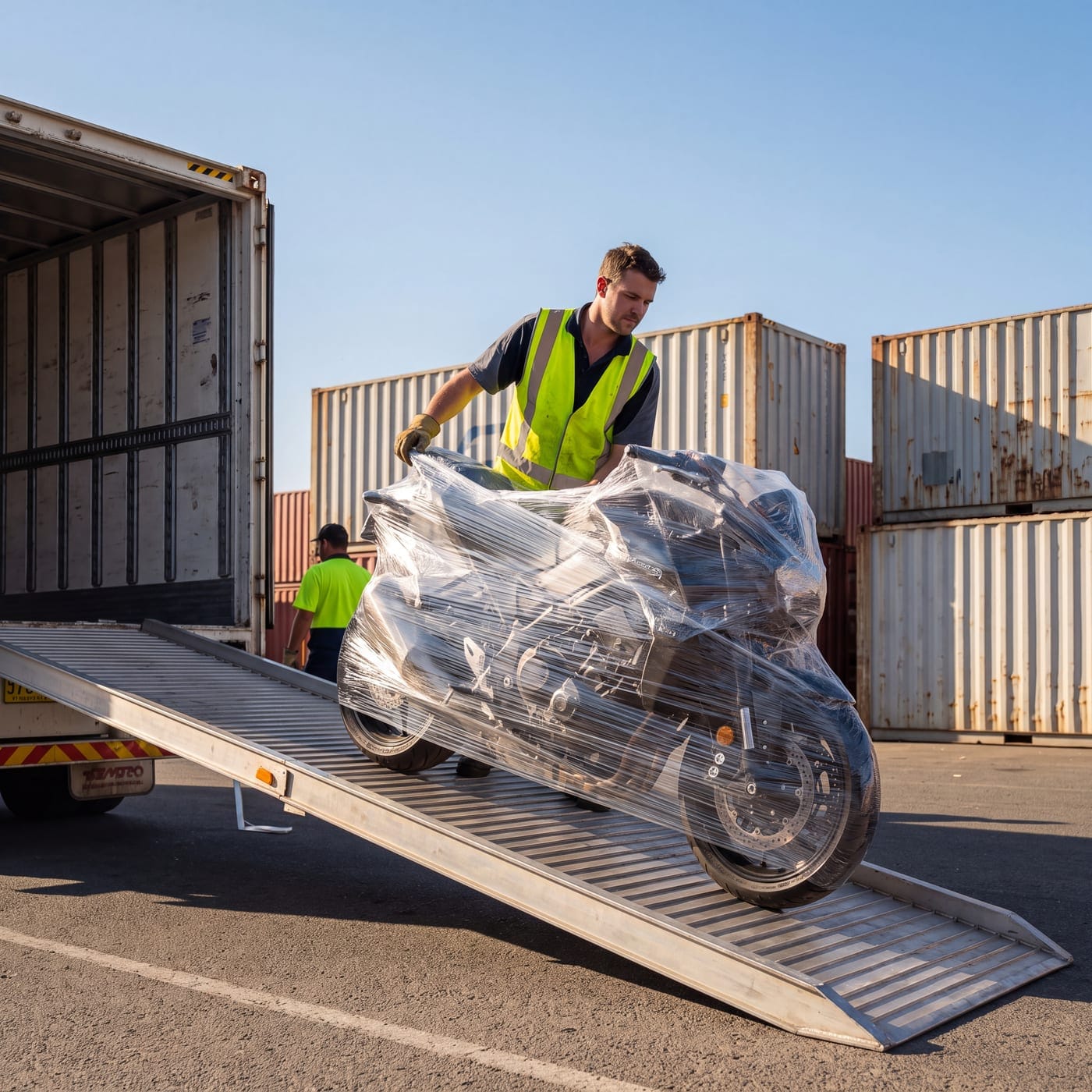 Worker in hi-vis wheeling a shrink-wrapped motorbike down a truck ramp at a container yard
