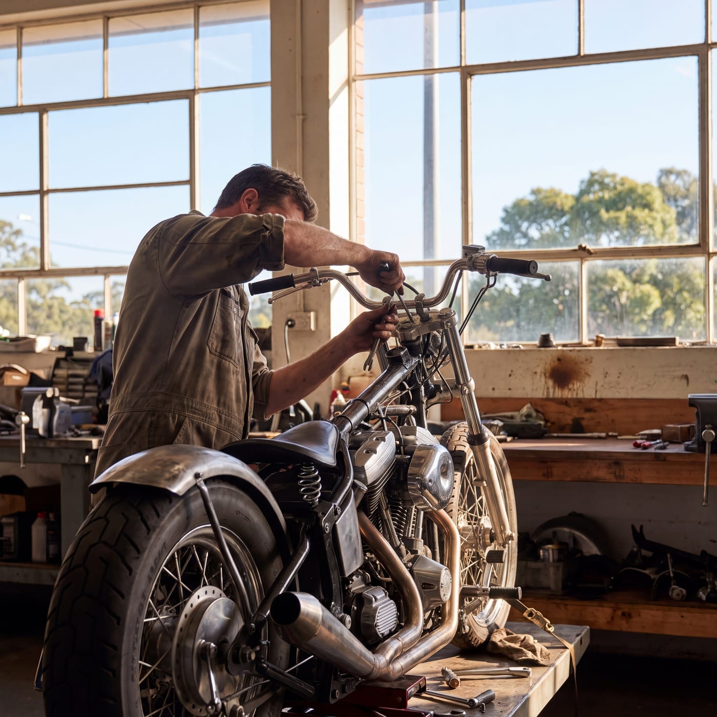 Man fitting handlebars to a custom motorbike on a workshop bench